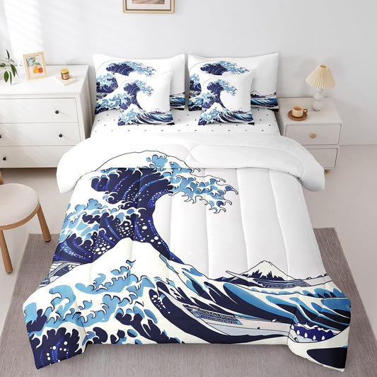 Erosebridal 7 Pcs Japanese Style Comforter Set Twin Sea Ocean Waves Bedding Sets for Men Women Adults Japanese-Style Hand Drawn Quilt with Flat Fitted Sheet Illustration Ukiyoe Themed Bed in A Bag