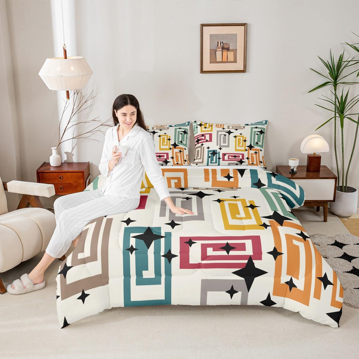 Erosebridal Boho Abstract Geometric Bedding Set King Colorful Geometric Pattern Comforter Set for Kids Boys Girls Black Stars Print Down Comforter,Bohemia Modern Art Quilt Duvet