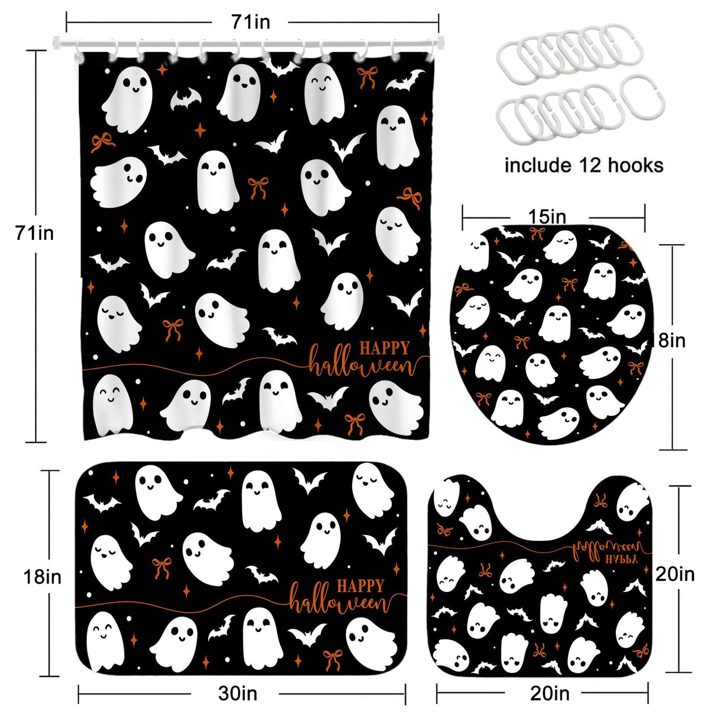 Mocsicka 4Pcs Halloween Shower Curtain Set Black Spooky Bow Ghost Shower Curtain Set for Halloween Bathroom Decor with Anti-Slip Waterproof Bathtub Bathroom Rugs Toilet Lid Cover