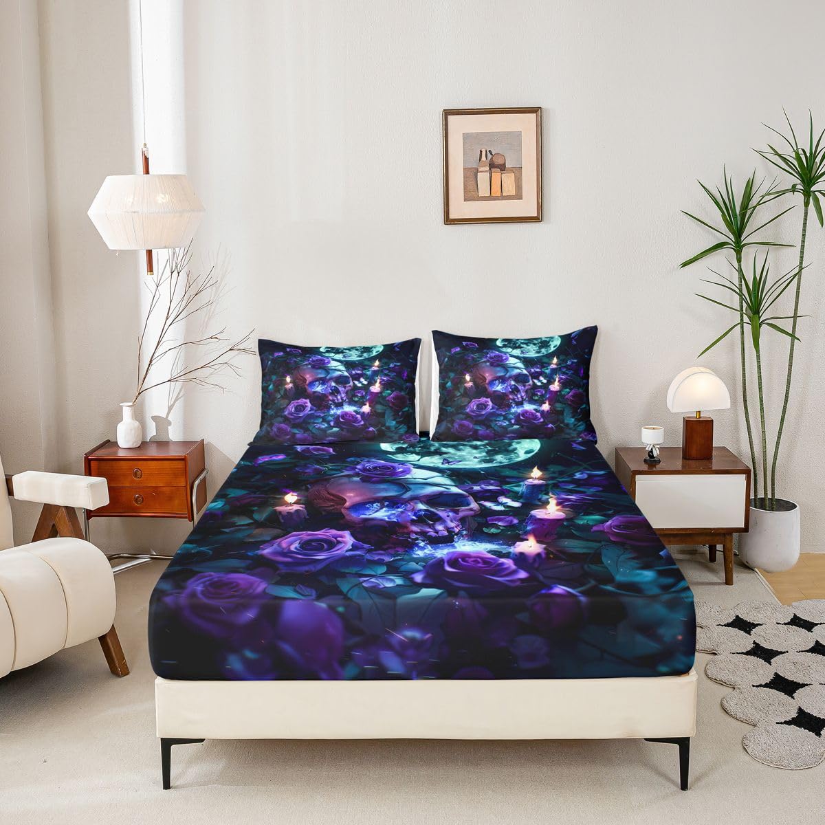 Feelyou Sugar Skull Bed Sheets Set Full Size Halloween Themed Bed Set for Kids Boys Girls Rose Floral Flower Deep Pocket Fitted Sheet Butterfly Breathable Soft Lightweight Microfiber Candles