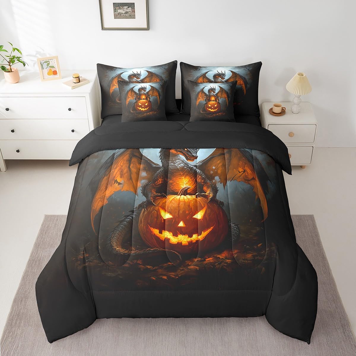 7 Pieces Halloween Pumpkin Dragon Comforter Set Queen,Moonlight Wild Animal Bed Set for Kids Boys Girls,Black Bedding(1 Comforter,1 Fitted Sheet,1 Flat Sheet,2 Pillowcases,2 Throw Pillow Cover)