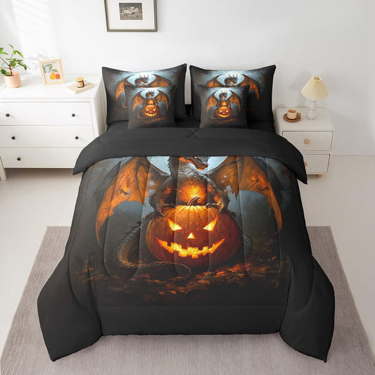 7 Pieces Halloween Pumpkin Dragon Comforter Set Queen,Moonlight Wild Animal Bed Set for Kids Boys Girls,Black Bedding(1 Comforter,1 Fitted Sheet,1 Flat Sheet,2 Pillowcases,2 Throw Pillow Cover)