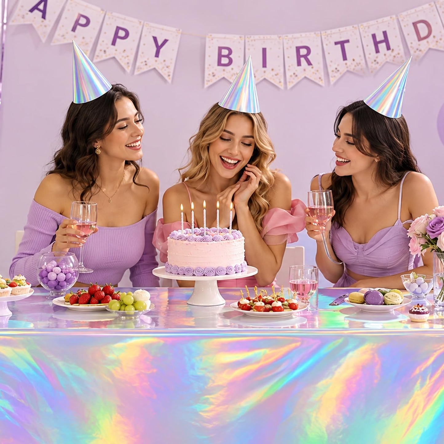 NKPDAXM 3 Pack Iridescent Tablecloths, Shiny Disposable Foil Plastic Holographic Table Covers for Rainbow Disco Bachelorette Bridal Wedding Party Decorations, 54" x 108"