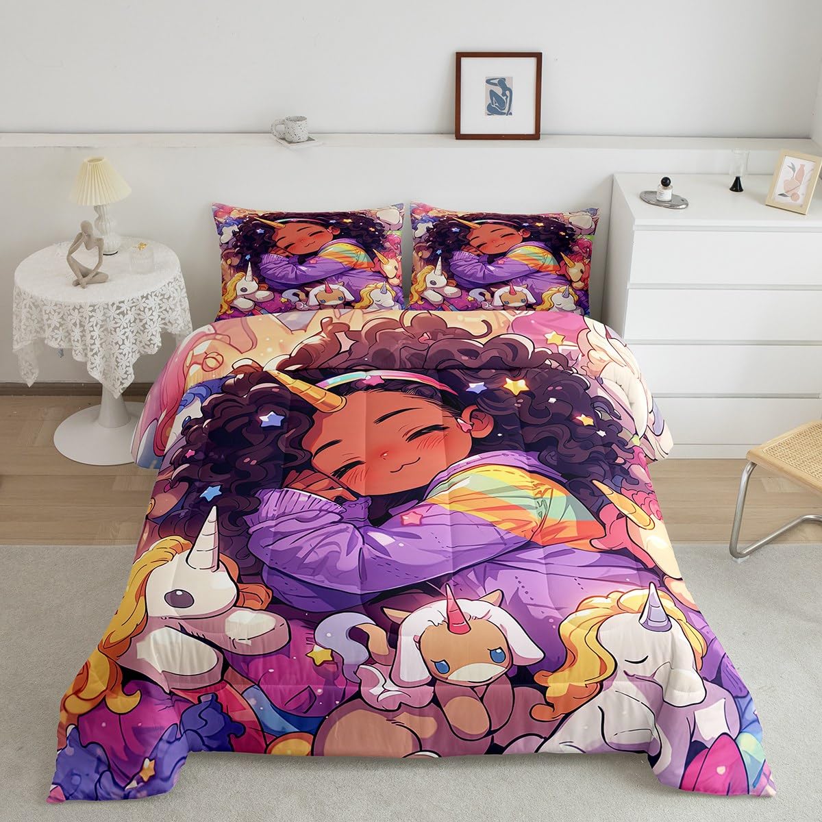 Black Girls Twin Comforter Set for Girls,Cartoon Unicorn Quilt American African Kids Bedding Set,Afro Hair Girl Princess Melanin Down Comforter Magical Animal Dreamy Horse Kawaii Room Decor