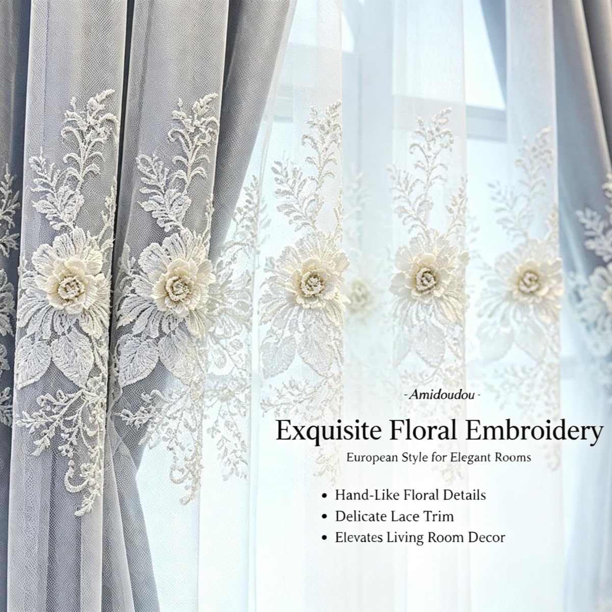Amidoudou 1 Pair Luxury European Curtains with Valance for Living Room Bedroom Double Layer Embroidered Blackout Curtains (Dark Blue,51x96 Inch)