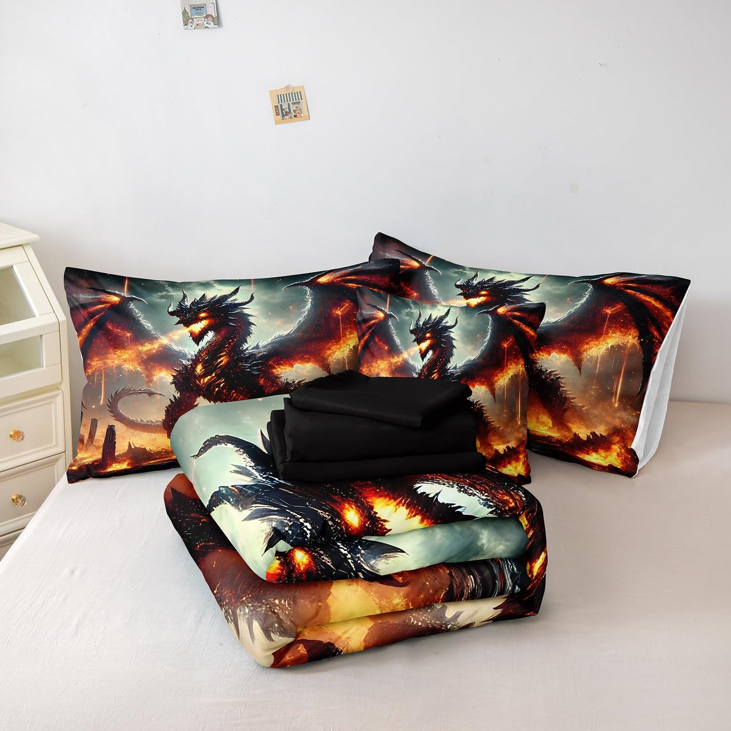 Bedbay Fire Dragon Bed in a Bag King Size Comforter Set with Sheets Mythical Sci-fi 3D Fiery Dragon Print Boys Girls Teen Adults Room Decor Soft Fluffy Comforter Fantasy Bedding Set for All Seasons