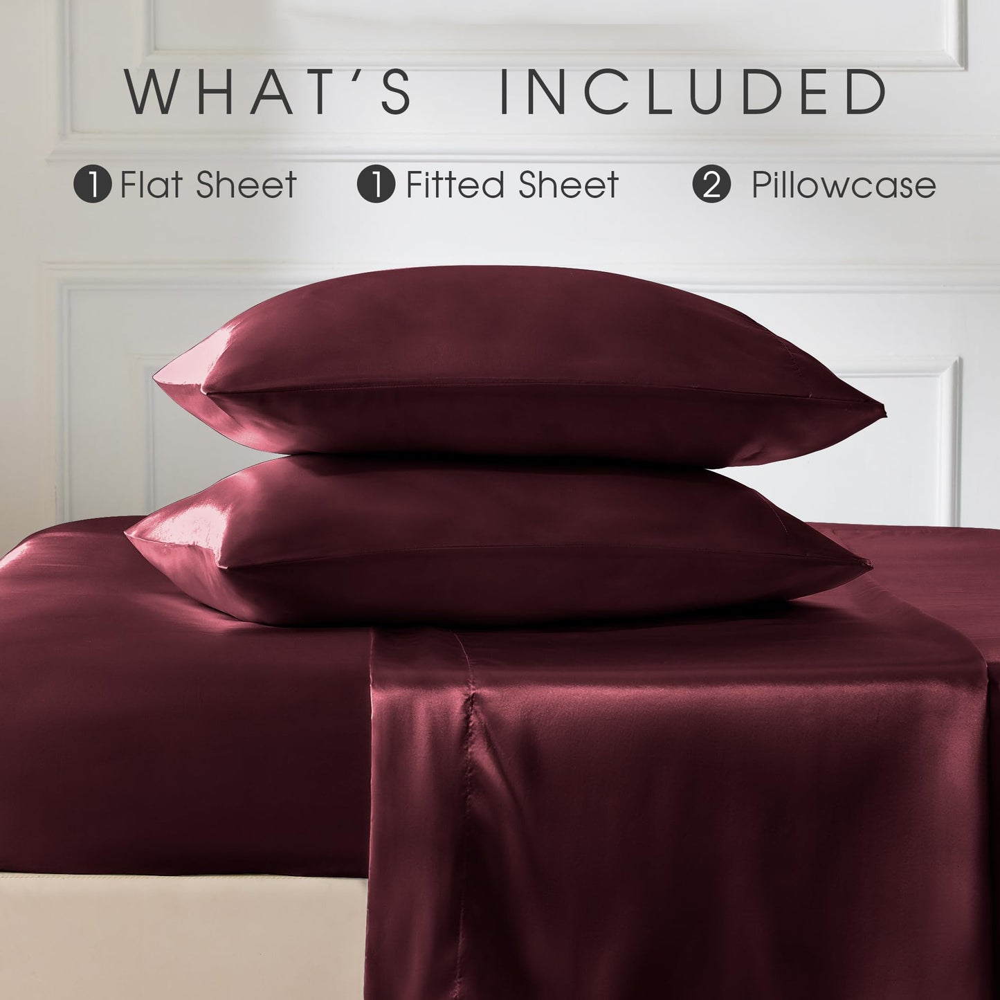 FreshCulture Satin Sheets Full Size - 4 Piece Luxury Soft Silky Full Size Bed Sheets, Similar to Silk Bed Sheet Set with 1 Deep Pocket Fitted Sheet, 1 Flat Sheet & 2 Pillowcases (Burgundy)