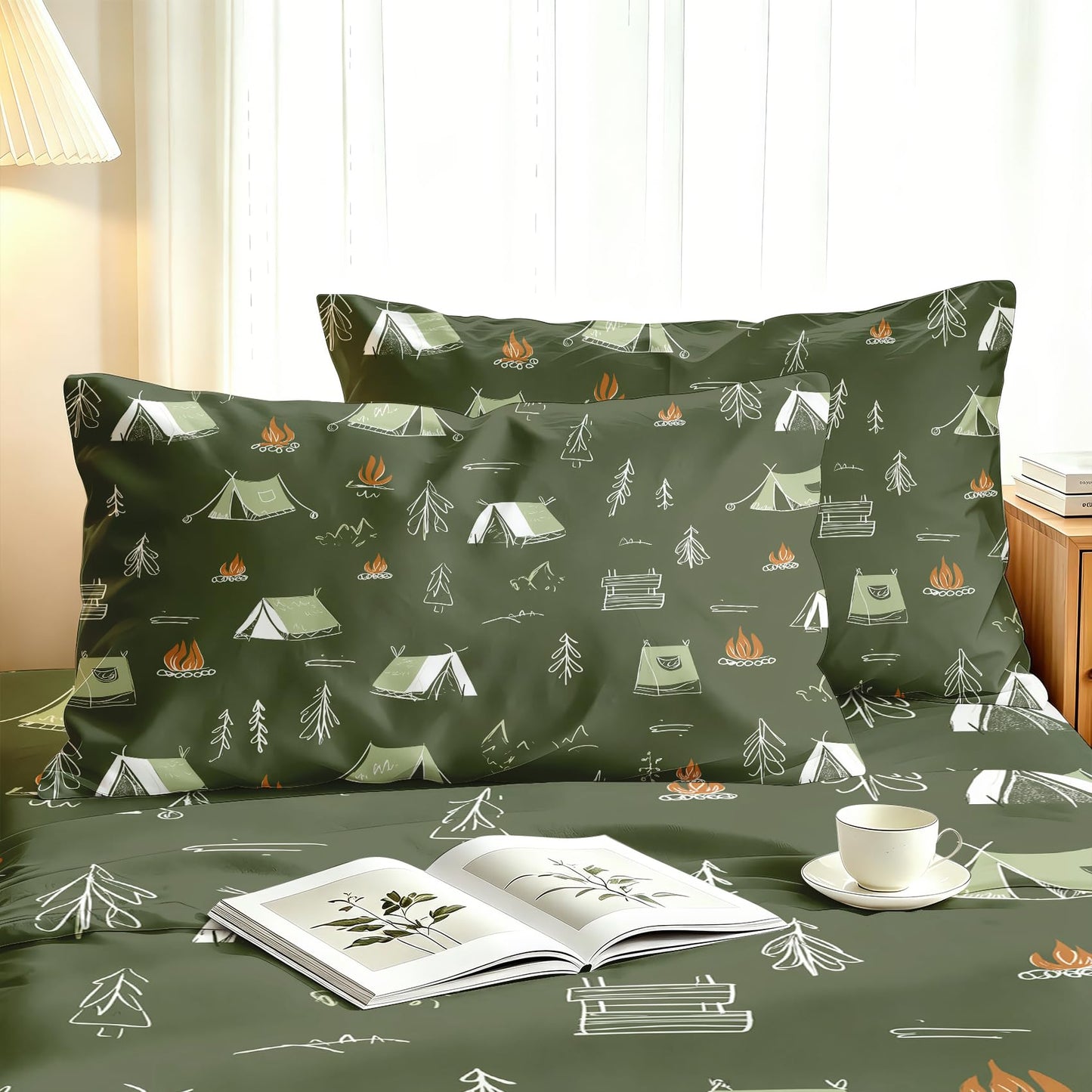 Camping Tent Twin Sheet Set Kids Flat Fitted Sheet Sets, Green