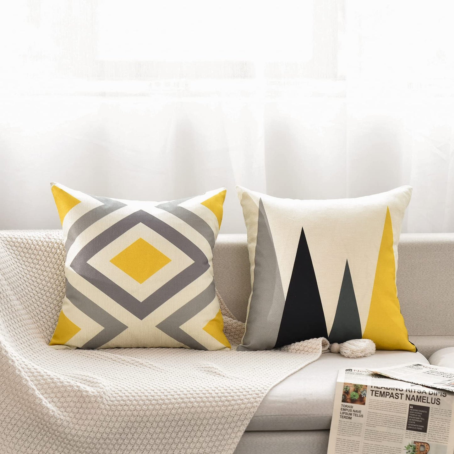 Tosewever Set of 4 Decorative Geometric Yellow Grey 18 x 18 Inches Throw Pillow Covers - Modern Pattern Linen Square Pillow Cushion Case for Sofa Couch Bed Home Decor Outdoor (18" x 18", Yellow/Gray)