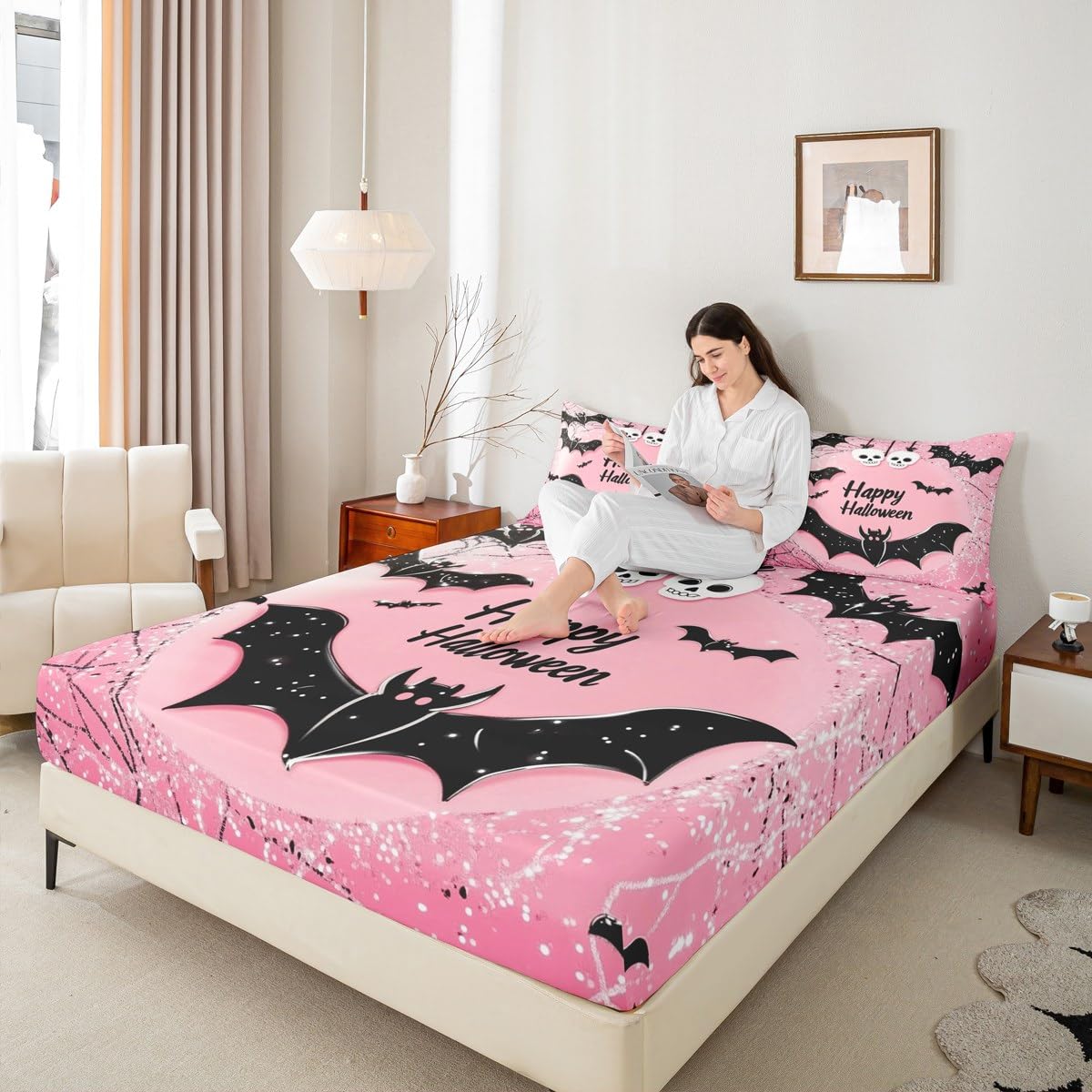 Feelyou Kids Happy Halloween Bed Sheets Set Full Size, Black Bat Bedding Set Boys Girls Pink Sheet Set Spider Web Teens Bedroom Decor Microfiber Soft Bed Set