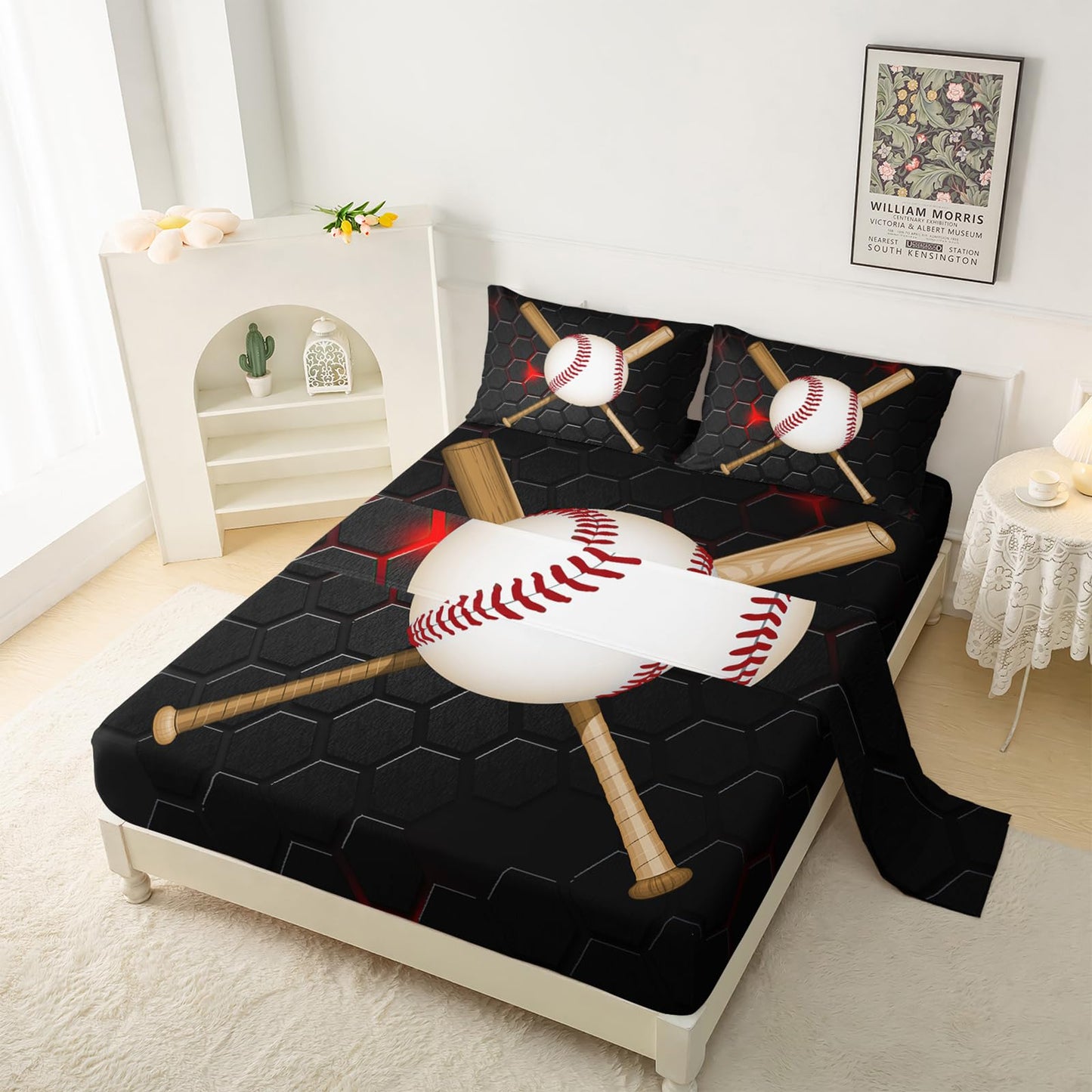 QOOMO Baseball Sheet Set,Honeycomb Kids Bed Sheets,Black Baseball 16" Deep Pocket Bed Sheet Set for Boys/Girls/Kids/Teens，4 Piece Sheet Set, 1 Fitted Sheet,1 Flat Sheet and 2 Pillowcases，Twin Size