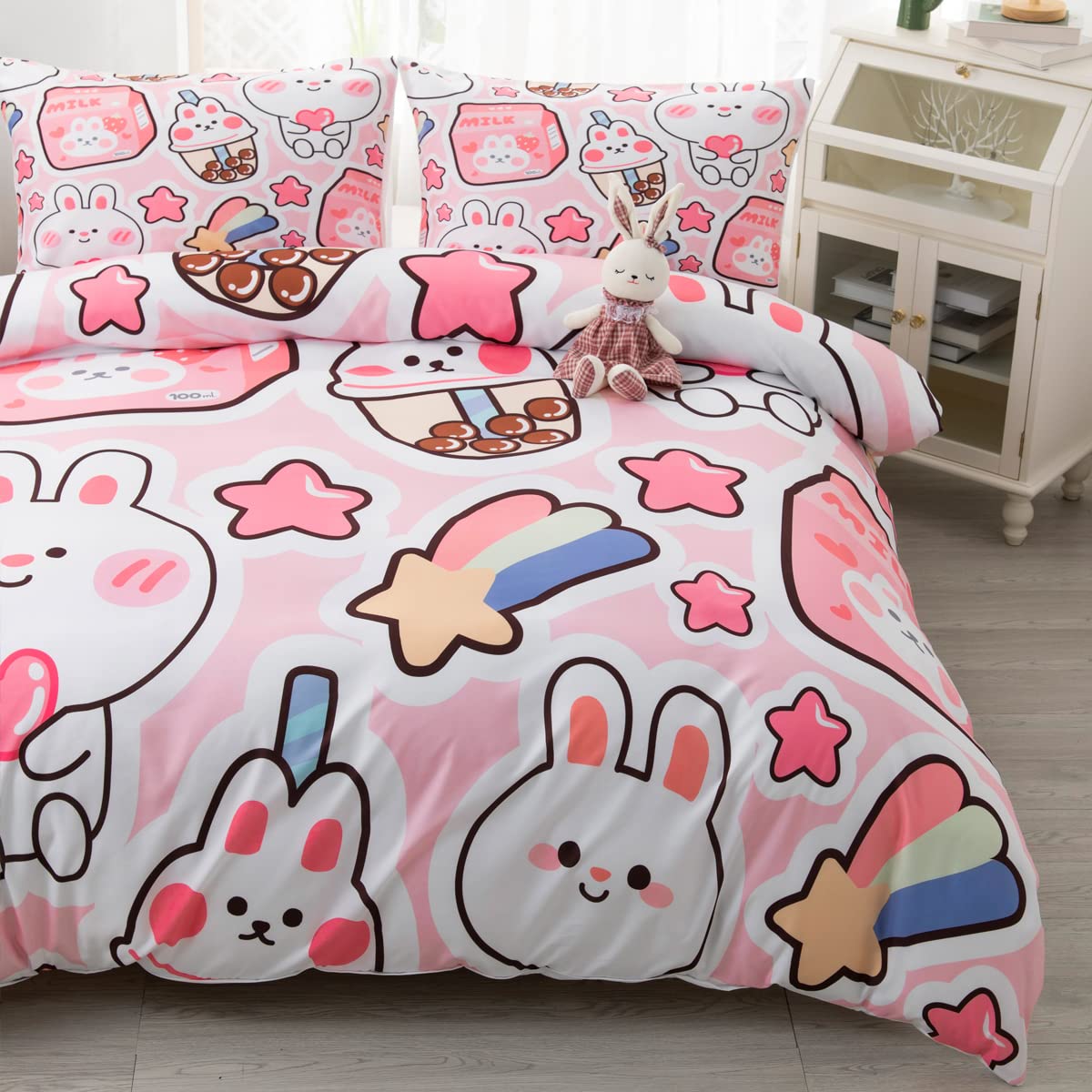 CVHOUSE Kawaii Bedding Set King Size,Cute Rabbit Bed for Girls Kids Teens,Pink Comforter Cover Soft,Kawaii Duvet Set,Girls Room Decor Quilt King 90'x102'