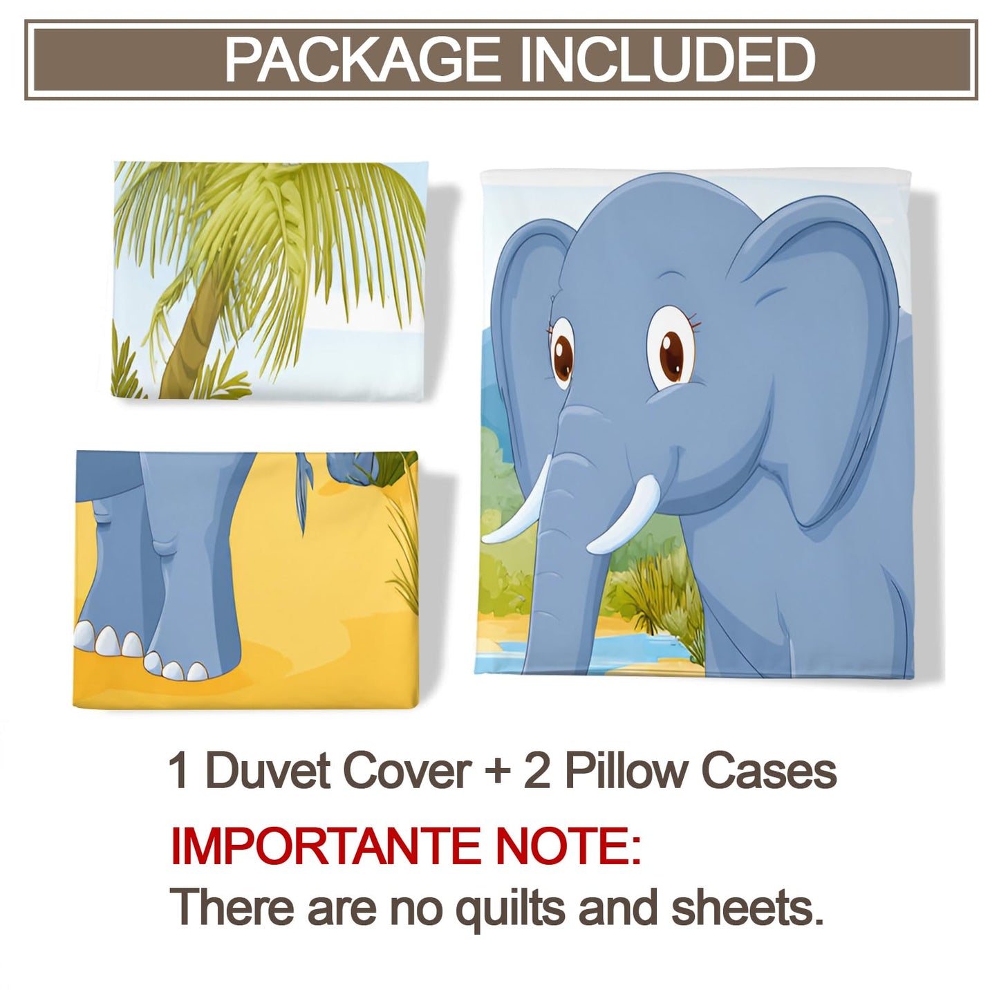 Cartoon Elephant Duvet Cover Set 3 Pieces Soft Microfiber Reversible Bedding for Boys Girls, Tropical Landscape Palm Tree Bedding Set Twin Size Kids Cute Animal Comforter Cover with 2 Pillowcases