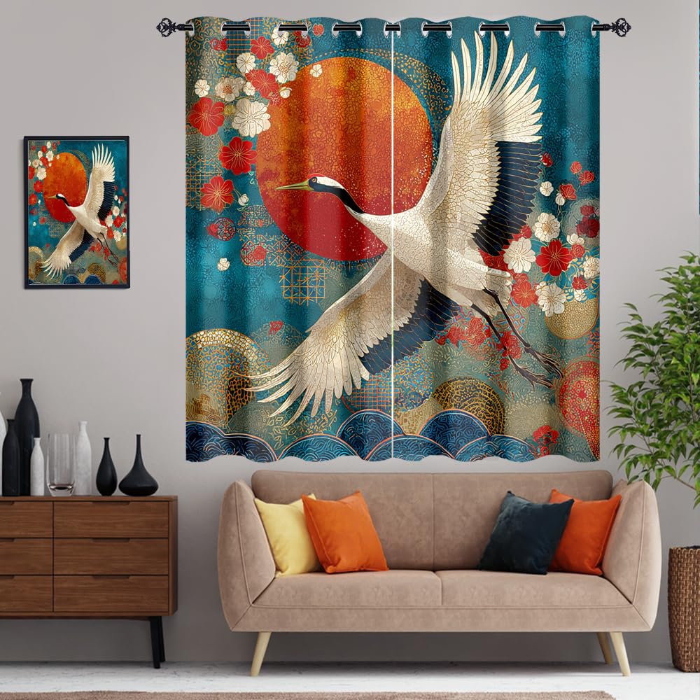 XSUPFLYM Colorful Abstract Japanese Crane Window Perforated Curtains Beautiful Red Sun Animal Crane Cherry Blossom Thermal Curtains Suitable for Bedroom Living Room 2 Panels.Each 21" W x 54" L