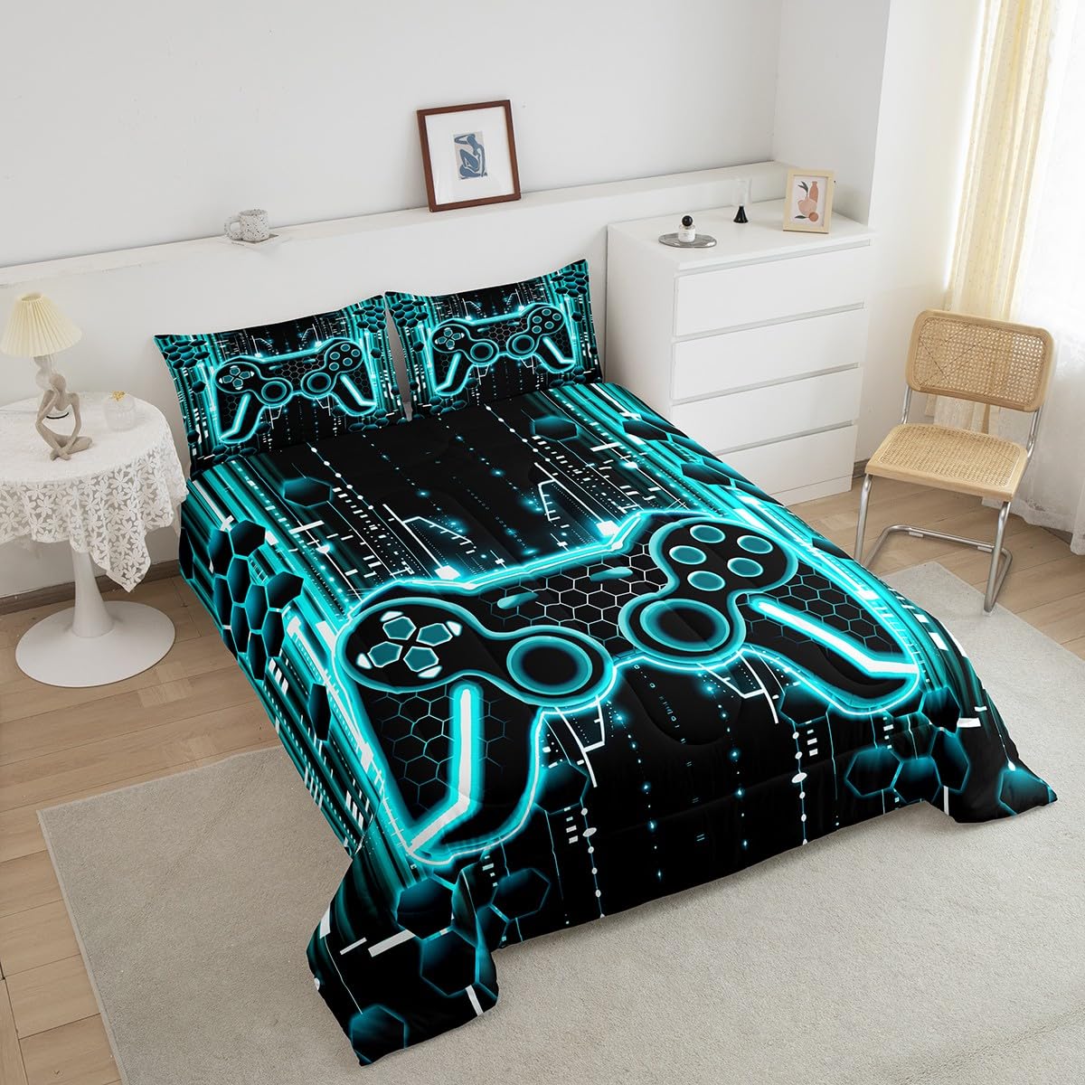 Feelyou Kids Light Blue Black Gamer Comforter Set Full Size, Gaming Comforter Boys Girls Game Bedding Set Gamepad Teens Duvet Set Bedroom Decor with 2 Pillow Case