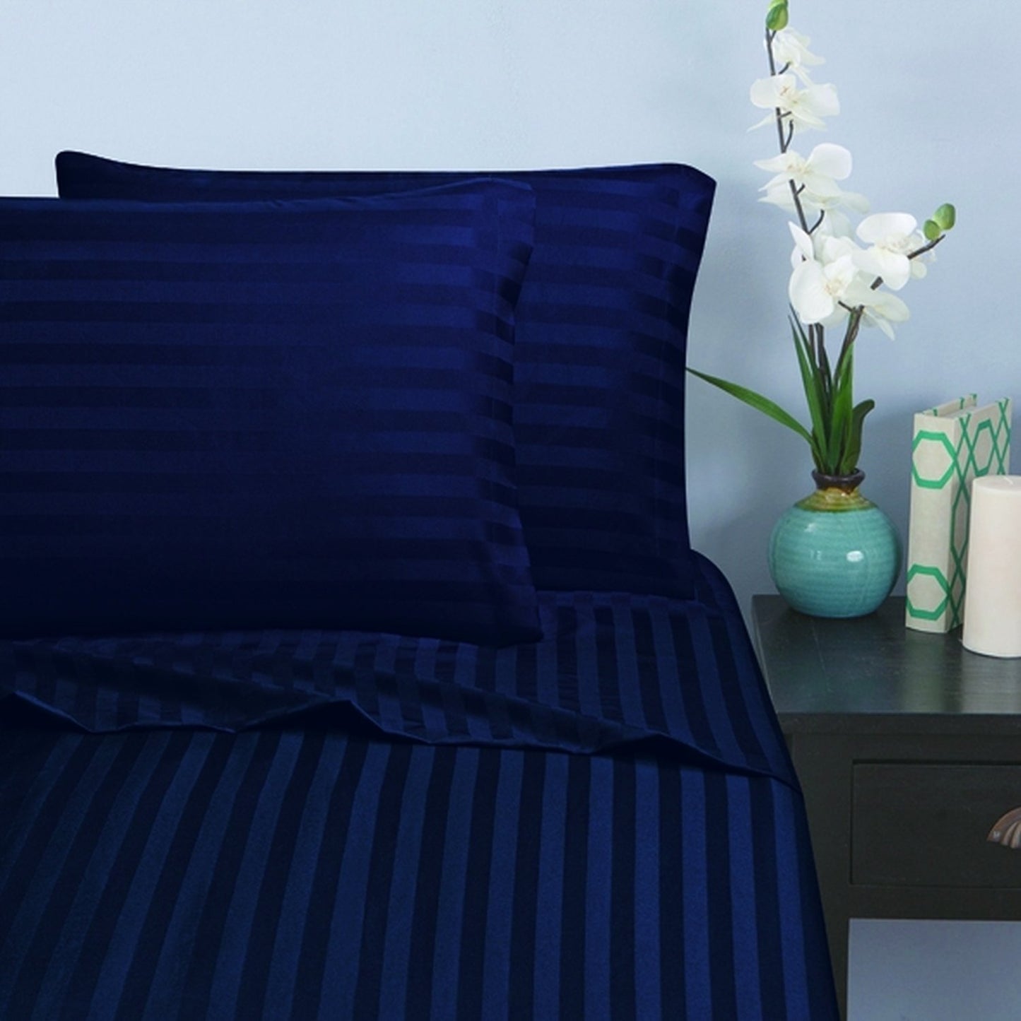 Elegant Comfort 1500 Premier -Damask Stripes- Hotel Quality Luxurious Silky Soft Wrinkle & Fade Resistant 4 pc Sheet Set, Deep Pocket Up to 16" - King Navy
