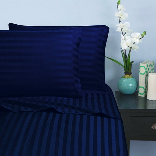 Elegant Comfort 1500 Premier -Damask Stripes- Hotel Quality Luxurious Silky Soft Wrinkle & Fade Resistant 4 pc Sheet Set, Deep Pocket Up to 16" - King Navy