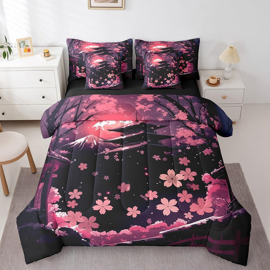 Erosebridal Pink Cherry Blossom Queen Comforter Set,Japanese Style Floral Bed Set 7 Piece for Kids Girls Women,Oriental Aesthetic Bedding Set Mountain Scene Bed in a Bag with Fitted Sheet,Flat Sheet