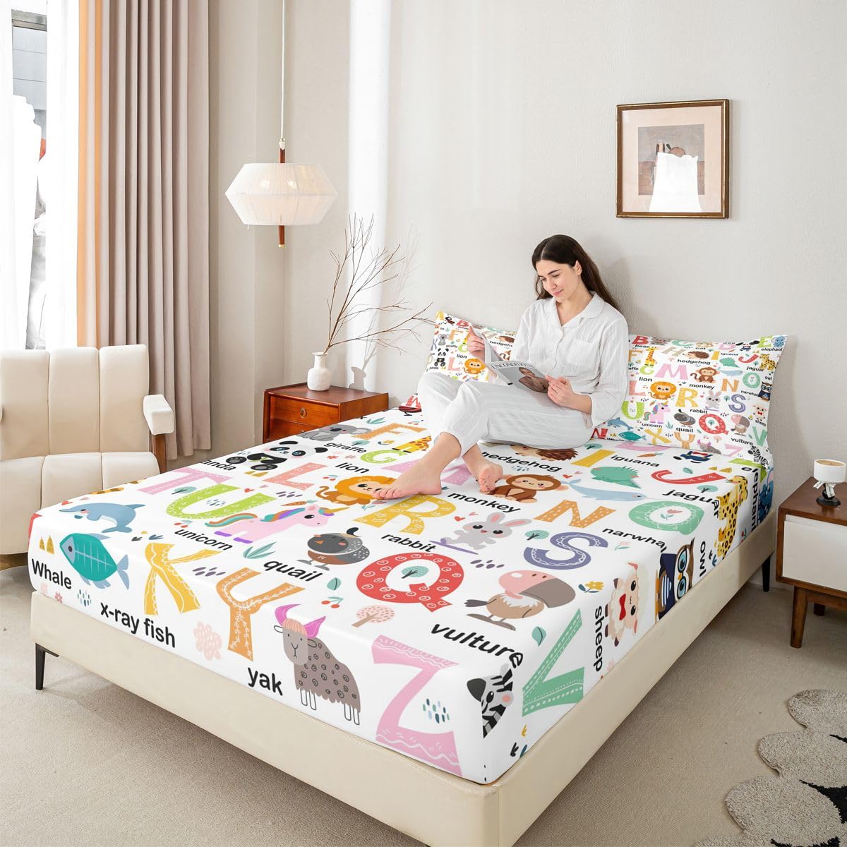 ABC Alphabet Bedding Set Twin Size for Boys Girls, Cartoon Animal Bed Sheet Set Cute Educational Learning Tool Fitted Sheet Learning Educational Bed Cover (1 Pillow Case and a Fitted Sheet)