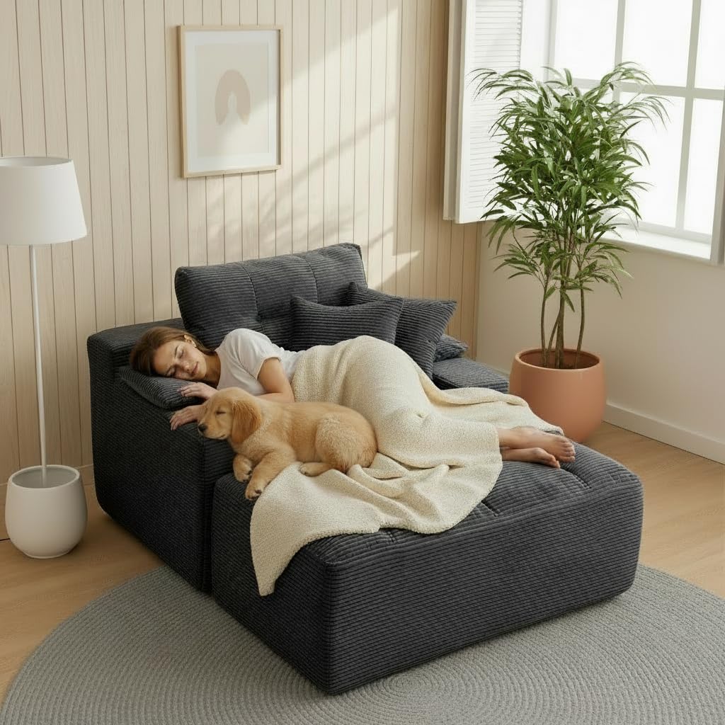 spanspace Chaise Lounge Chair Indoor, Oversized Sleeper Sofa Couch Bed with Removable Armrest Pads, Boneless Couch for Living Room, Bedroom