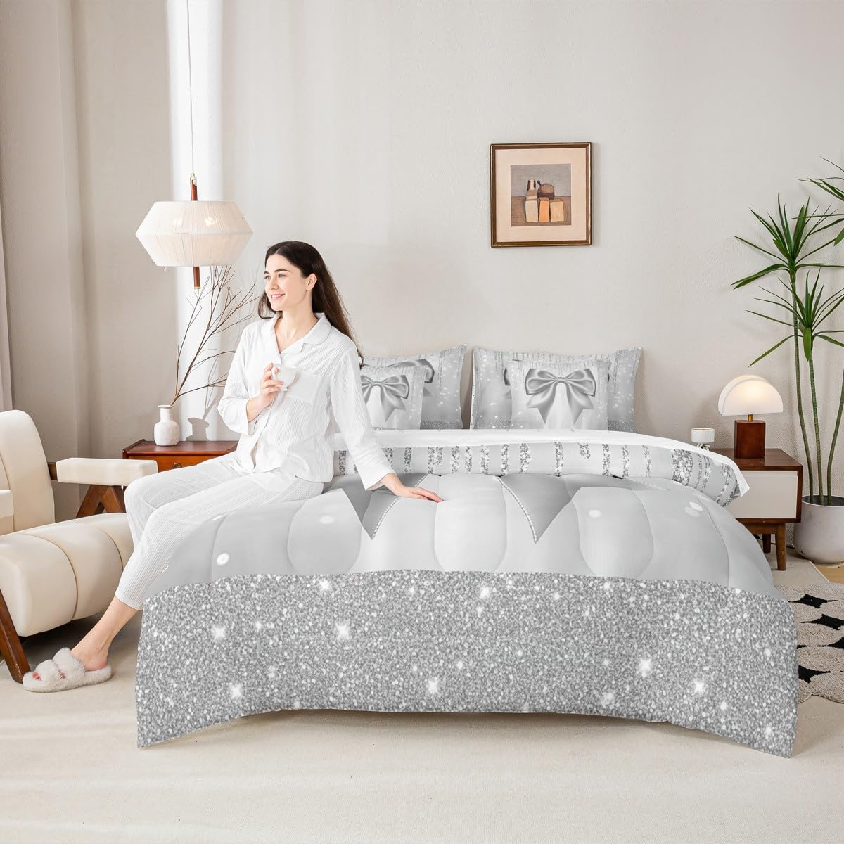 Feelyou Bowknot Comforter Set Twin Size 7 Pieces Dreamy Princess Bedding Set for Kids Boys Girls Glitter Bed in a Bag with Comforter, Sheets, Pillowcases, Cushion Covers Cute Bow Quilted Soft