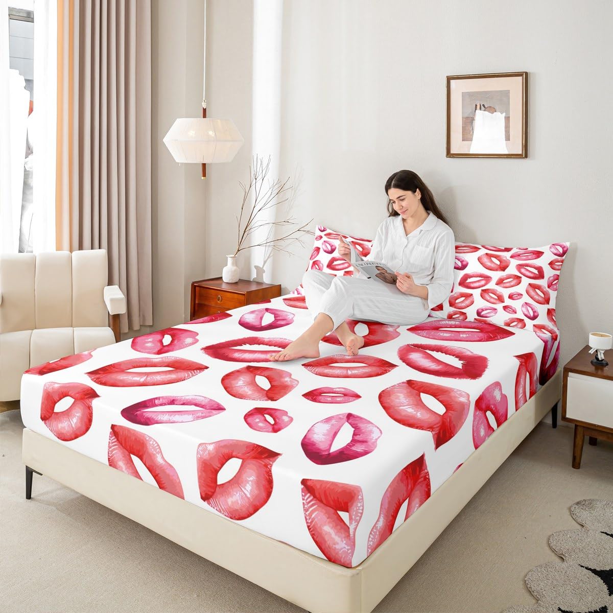 Feelyou Sexy Lips Bed Sheet Set for Girls Woman Kiss Fitted Sheet Feminine Red Lips Bedding Set Lipstick Print Bed Cover Luxury Bedroom Decor 3Pcs Sheets Queen Size Red White