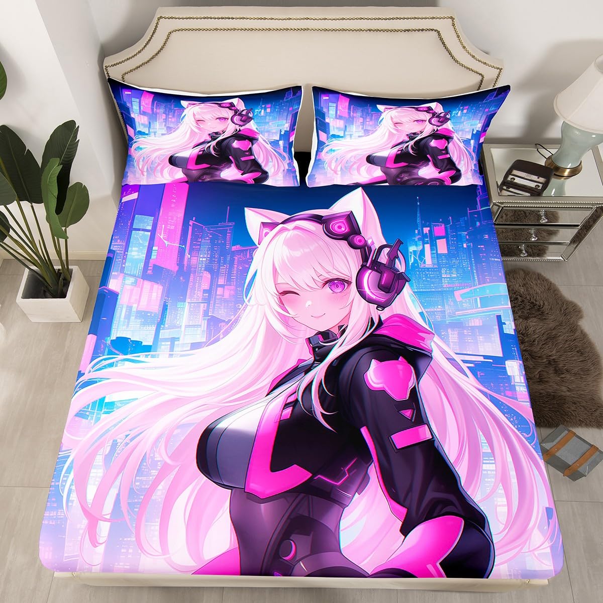 Erosebridal Twin Anime Girl Top Fitted Sheet 3 Piece, Kawaii Japanese Anime Sheet Set Cartoon Girl Bed Sheets Sci Fi Style Japanese Animation Bedding Set for Kids Girls Teens Adult Room