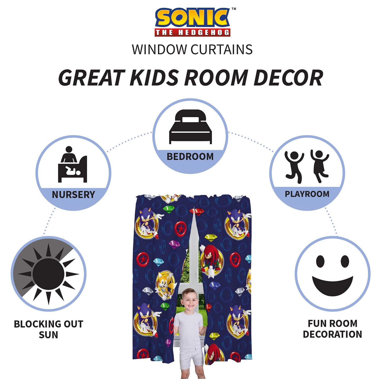 Sonic the Hedgehog Kids Window Curtains, 84 Inch Length 2-Panel Set, Semi Light Filtering Drapes for Bedroom & Playroom, (Officially Licensed Product) by Franco