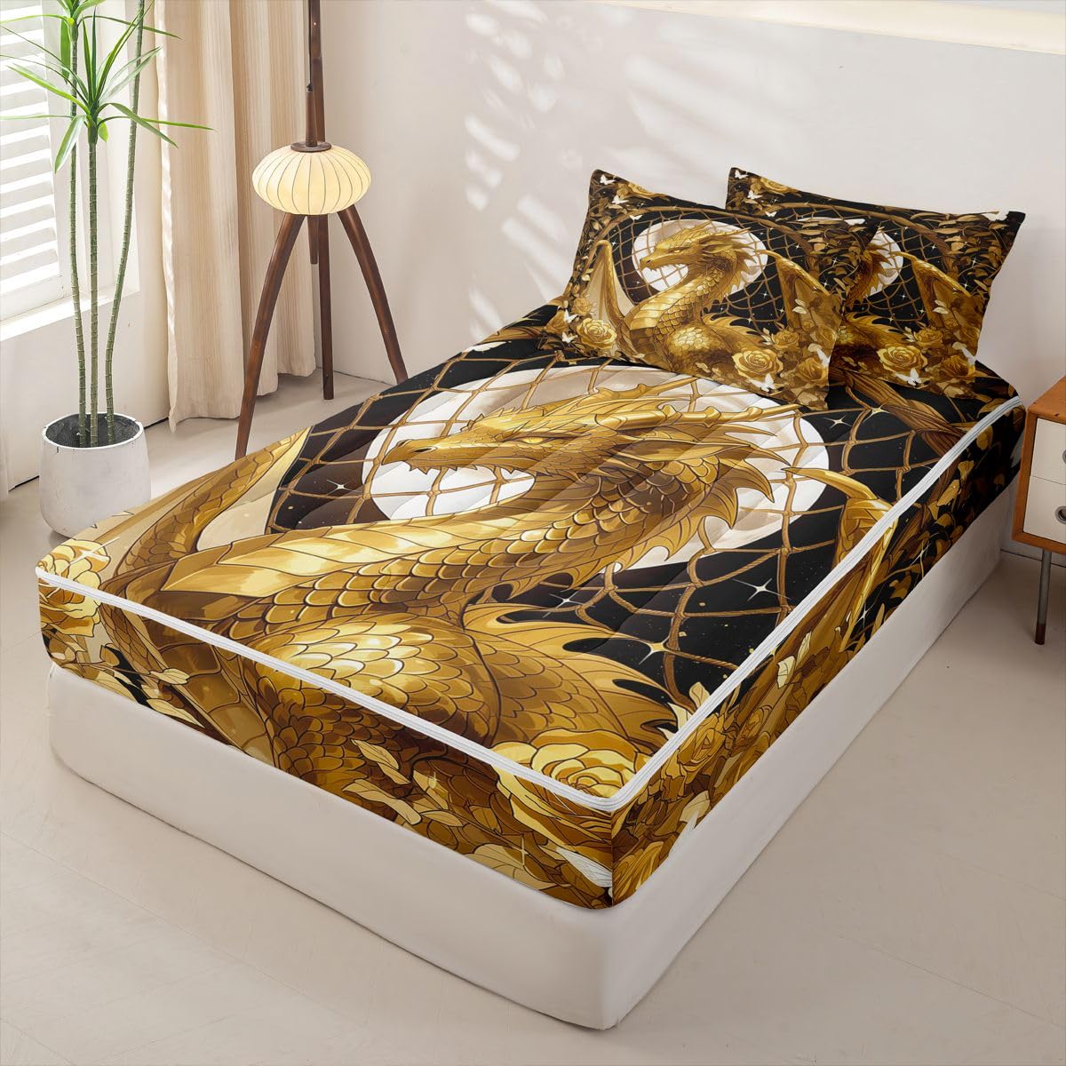jejeloiu Flying Dragon Zipper Bedding for Kids Twin Size Gold Rose Floral Bed in a Bag with Sheets, Comforter, Pillowcases Fantasy Animal Comforter Set for Boys Girls Ancient Wildlife Beddingh Sets