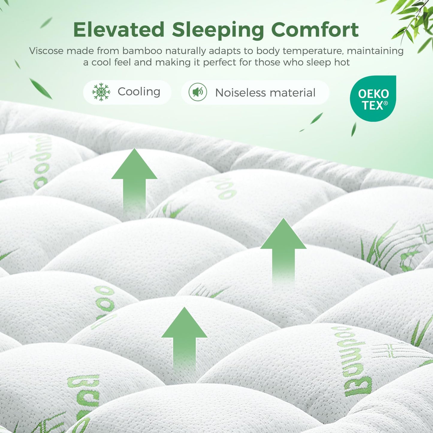 HYLEORY Mattress Topper - Thick Bamboo-Viscose Naturally Cooling Pillow Top Mattress Pad Breathable Fluffy Soft Mattress pad for Back Pain Relief, King Size, Green