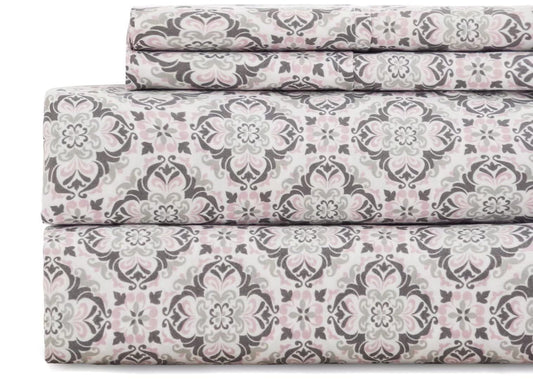 KaceMoo California King Sheet Set 4PC Printed Sheets Beige Floral Pattern Boho Sheets Cooling Deep Pocket Microfibe Bed Sheet, Luxury, Soft, Breathable, Hypoallergenic, Wrinkle Free for Kids Room Dorm