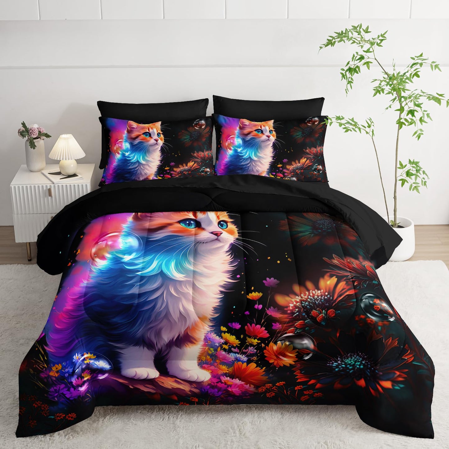 XYNHML Cartoon Kawaii Cat Comforter 7Pcs 3D Animal Flower Toddler Bedding Set Cat Lovers Animal Bubble Quilt Bed Set for Kid Girl Boy Teen Adult Full with 2 Sheets,2 Pillowcases,2 Throw Pillow Covers