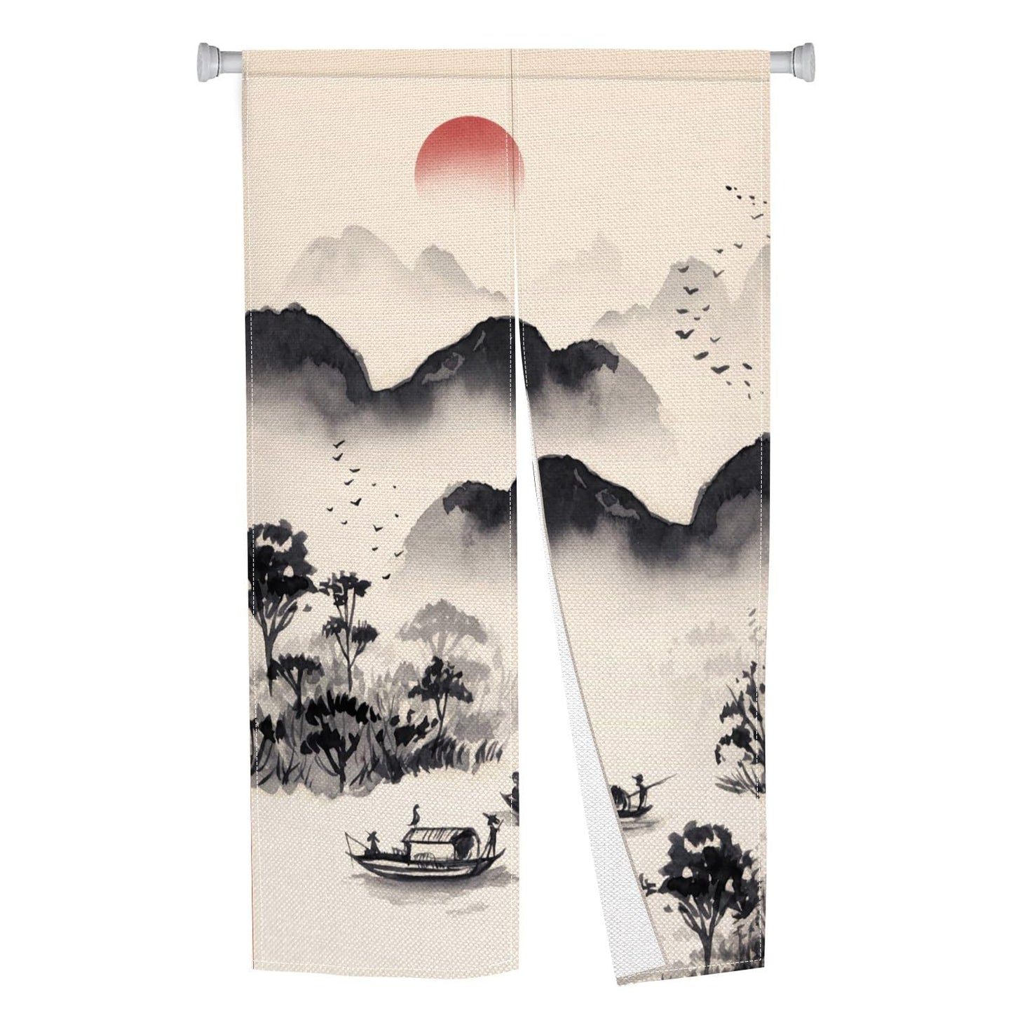 Leowefowa Chinese Ink Painting Doorway Curtain Mountain Boat Door Trapestry Feng Shui Window Treatment Hanging Japanese Noren Bedroom Divider Kitchen Door Asian Home Decor, 33.5"x 70.9"