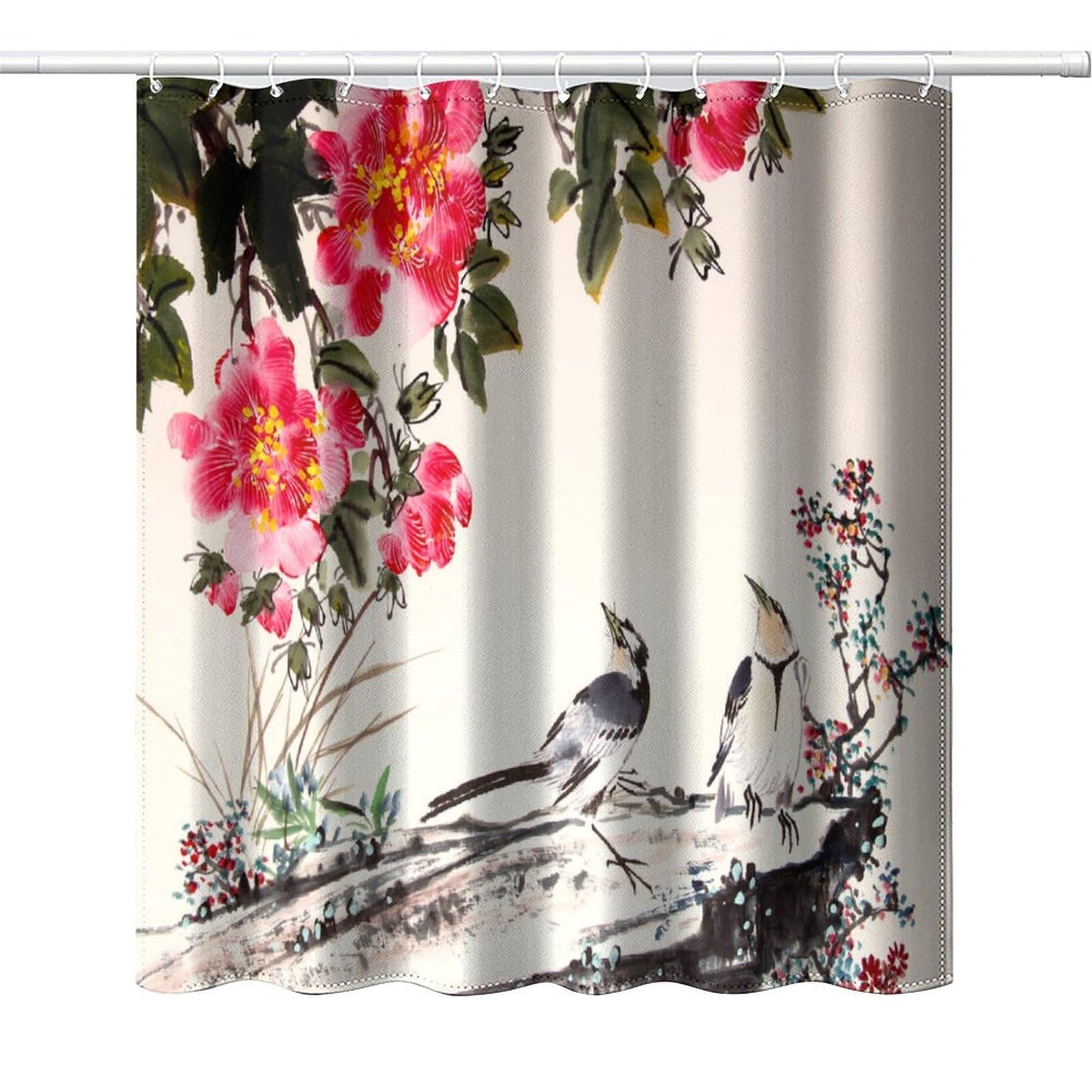 DDCBNS Chinese Traditional Ink Painting Shower Curtain,Japanese Cherry Blossom Spring Nature Flower Birds Print Shower Curtain for Bathroom Decor Fabric Waterproof Upholstery Hook 66x72inch