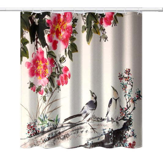 DDCBNS Chinese Traditional Ink Painting Shower Curtain,Japanese Cherry Blossom Spring Nature Flower Birds Print Shower Curtain for Bathroom Decor Fabric Waterproof Upholstery Hook 66x72inch
