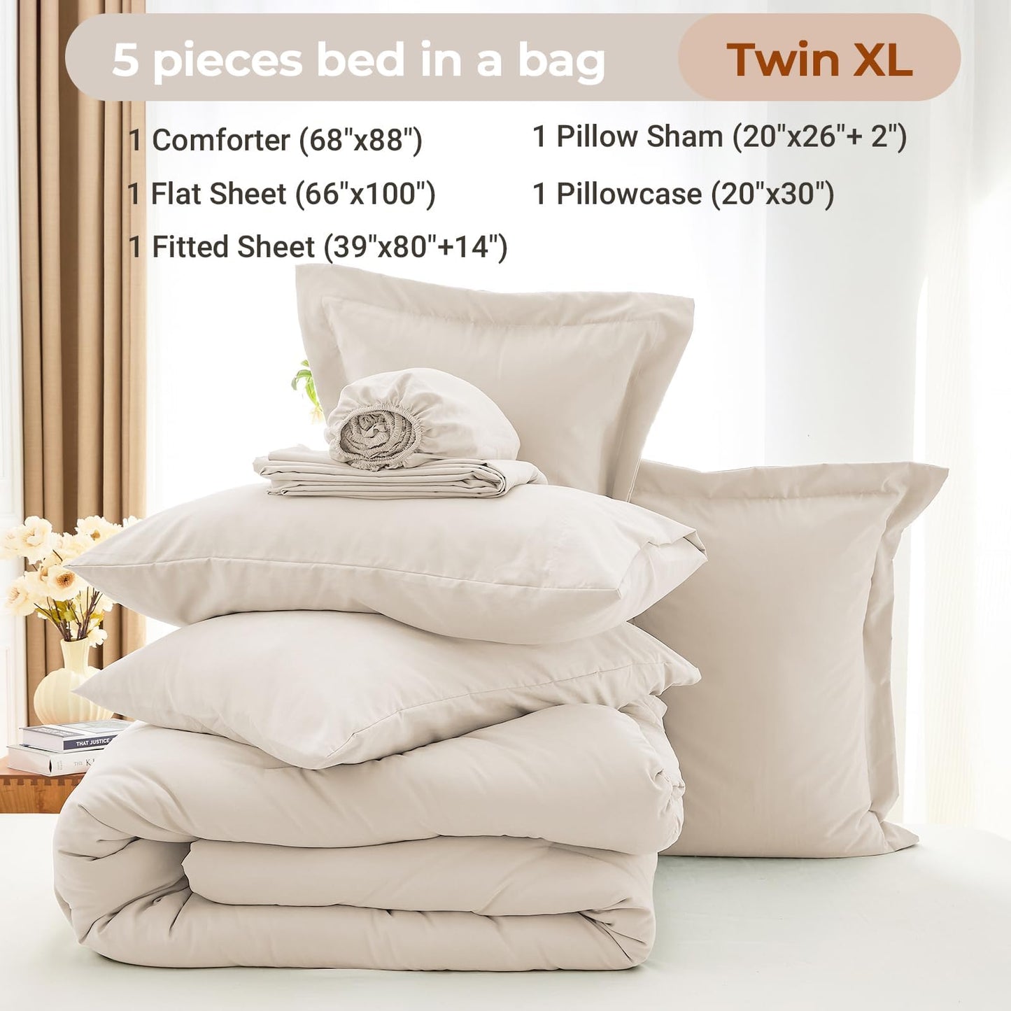 MUXHOMO 5 Pieces Twin XL Comforter Set, Soft Bed in a Bag Twin XL Size, All Season Bedding Set with Comforter, Flat Sheet, Fitted Sheet, Pillowcases & Shams, Beige