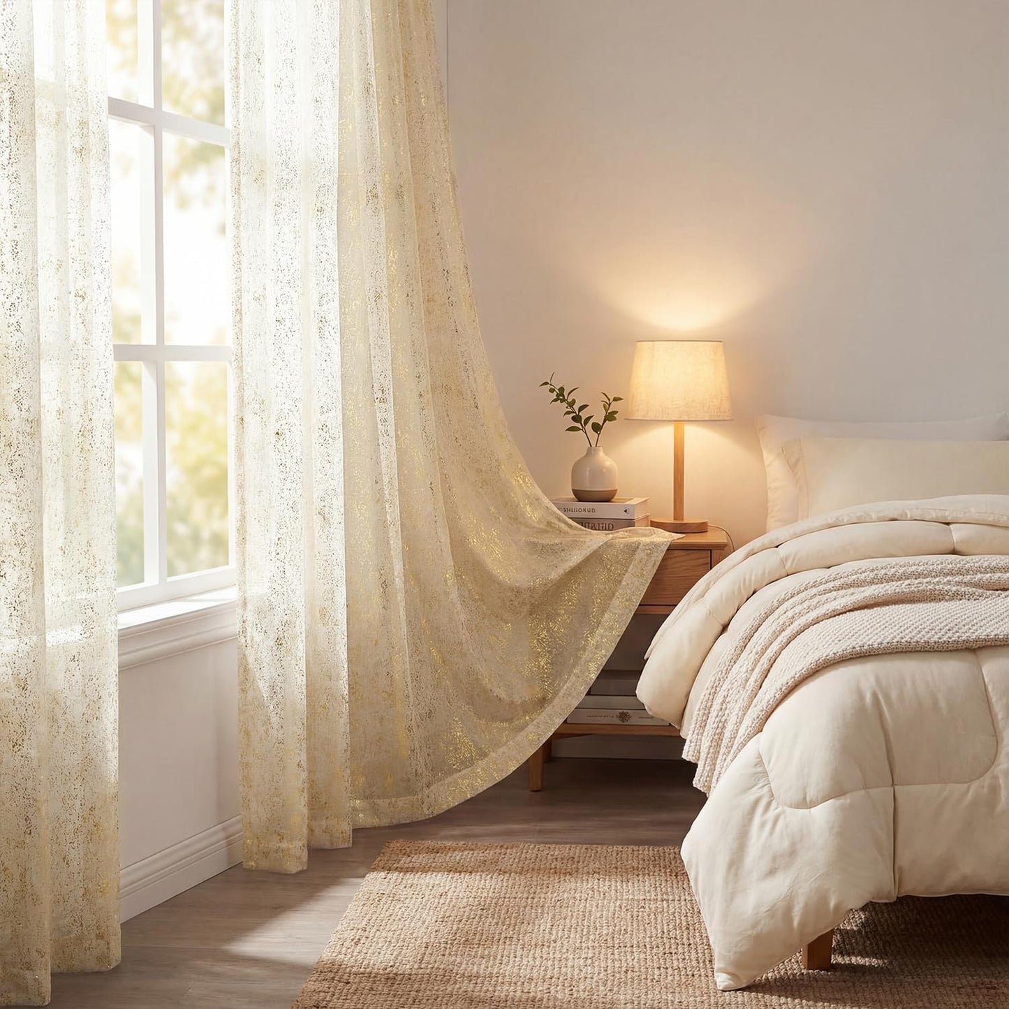 Horaldaily Beige Sheer Curtains for Living Room and Bedroom,Gold Sequin Glitter Metallic Foil, Scenery Light Filtering Window Curtains, 52" W x 84" L, Set of 2 Curtain Panels