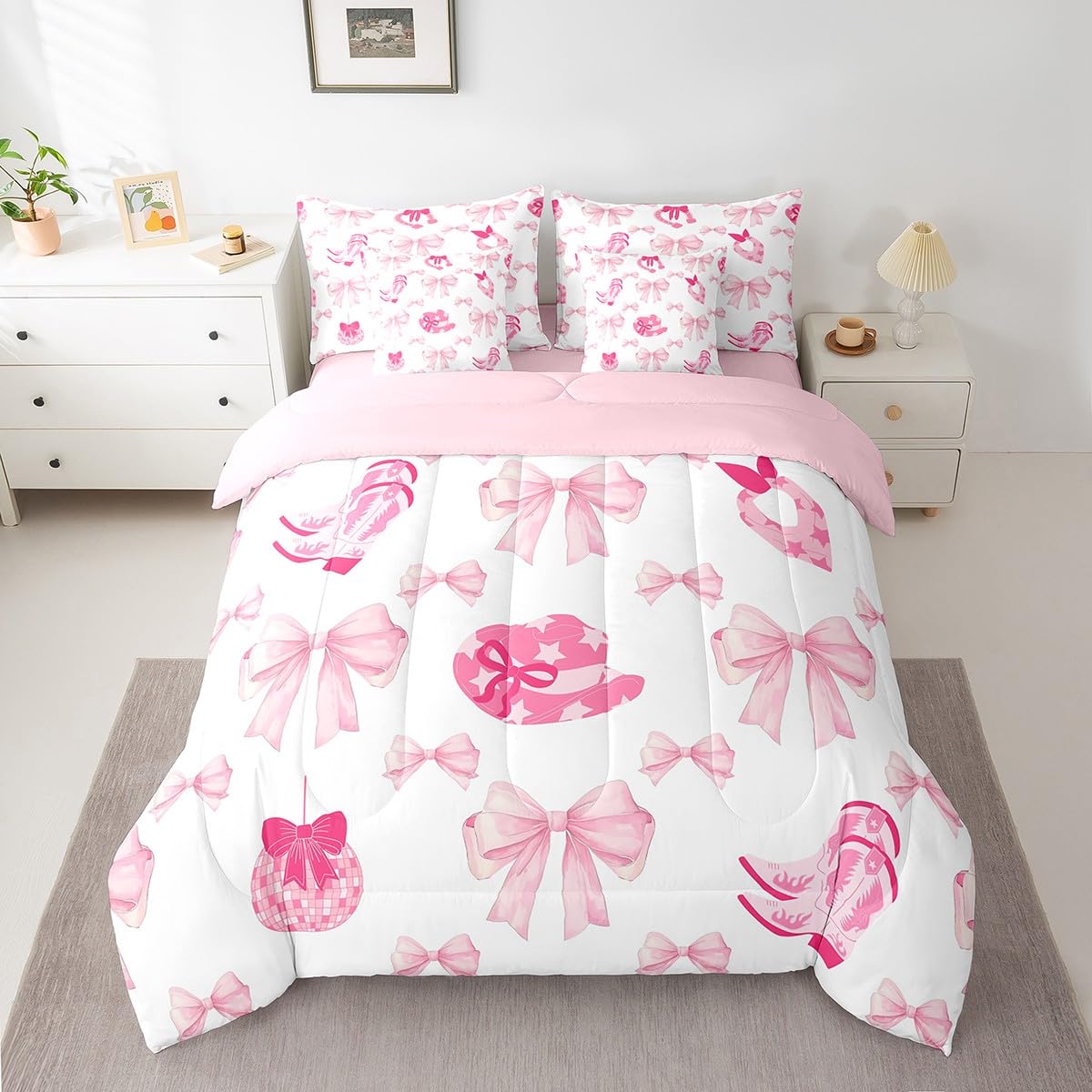 Erosebridal 7 Piece Western Cowgirl Comforter Set King Bed in a Bag,Pink Bowknot Bow Bedding Set for Girls Women,Rustic Farmhouse Quilt,Vintage Cowboy Hats Boots Duvet Set,Funky Disco Ball Sheet Set