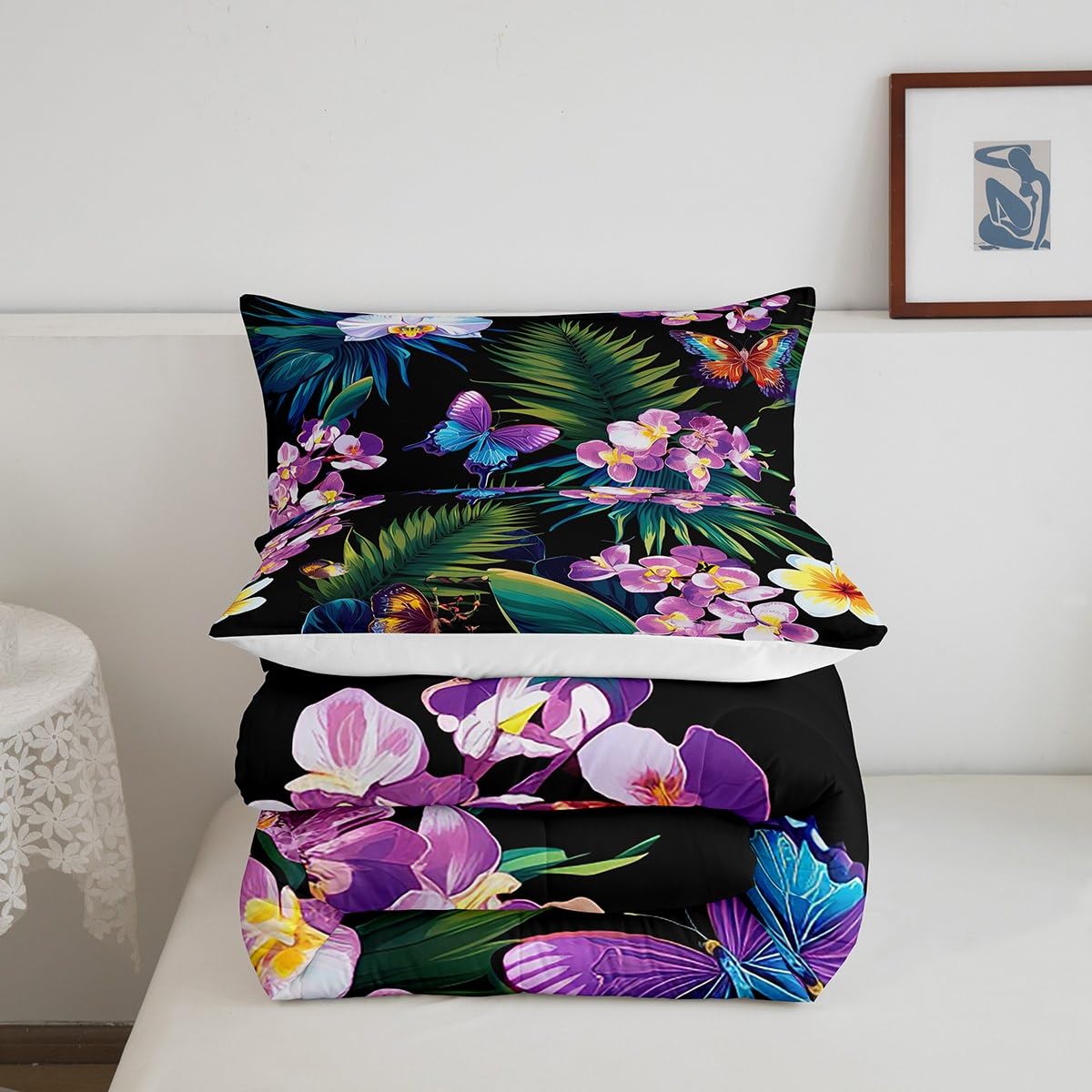 jejeloiu Butterfly Bedding Set Full Size Kids Tropical Leaves Comforter for Boys Girls Botanical Comforter Set Nature Summer Duvet Set Room Decorations Quilt Set