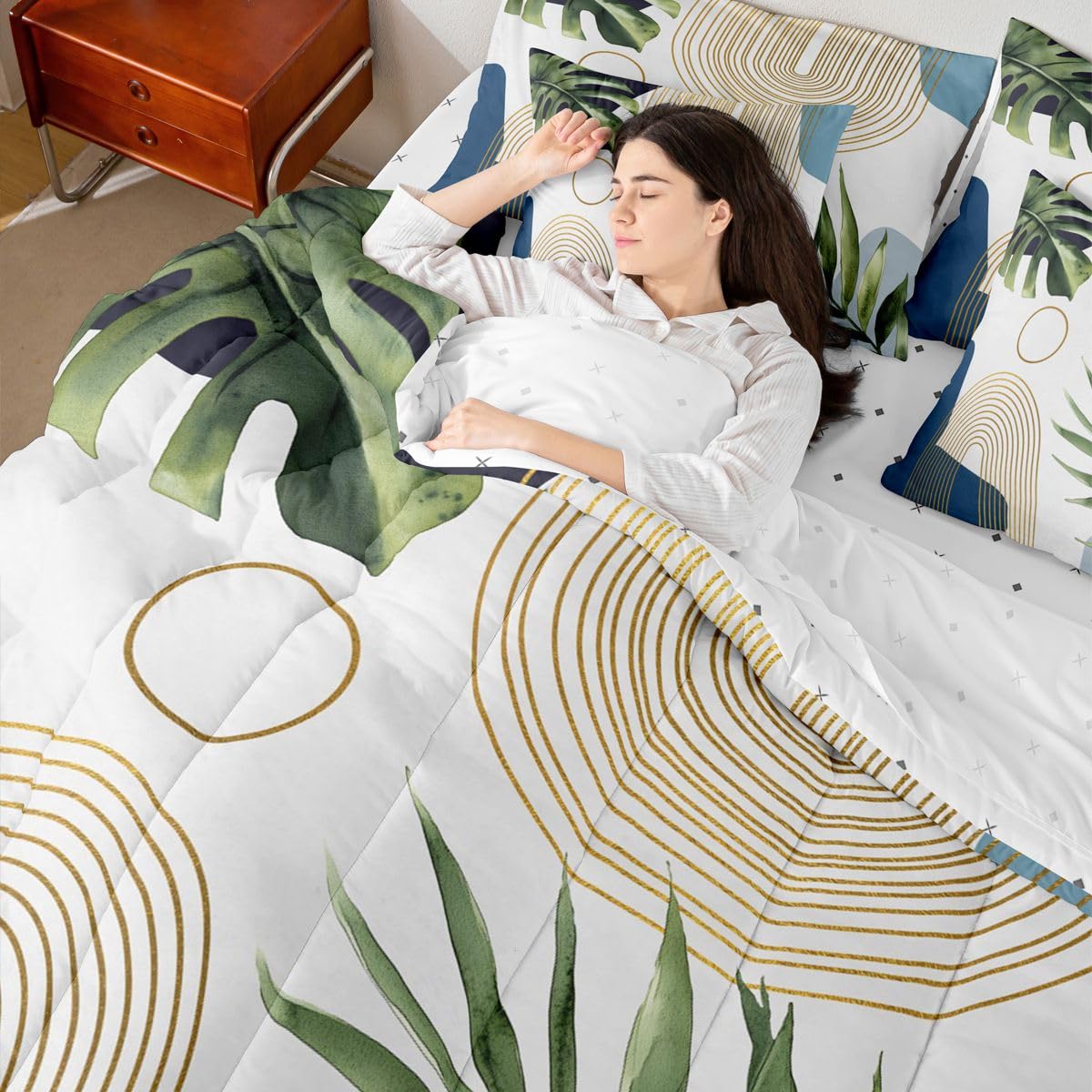 Erosebridal Boho Blue Green Full 7 Pcs Bedding Set, Mid Century Abstract Comforter Set with Sheets, Bohemian Tropical Palm Leaf Botanical Bed Sets, Modern Minimalist Geometric Aesthetic Bed in A Bag