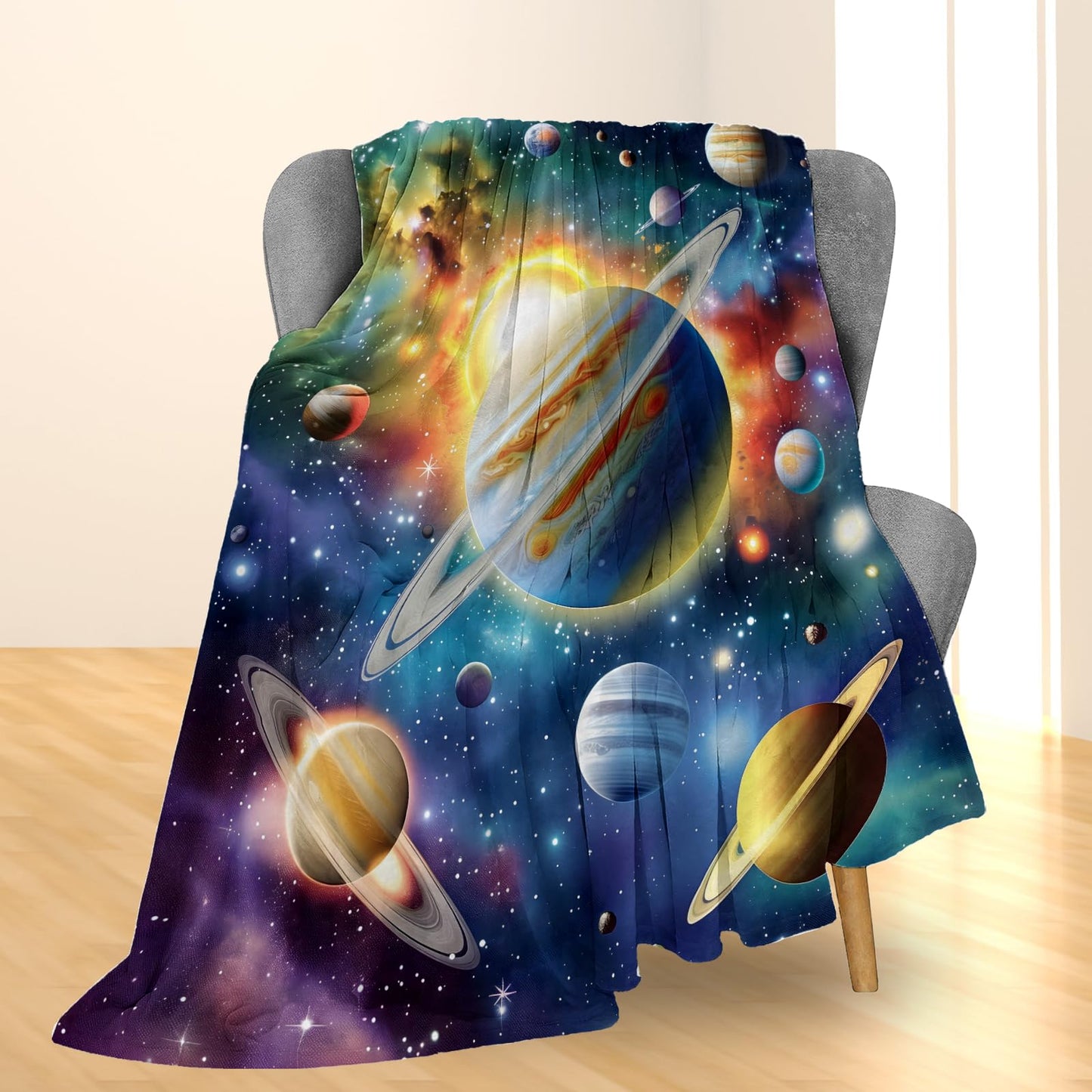 Ti Caldi Space Blanket Gifts, Galaxy Solar System with Planets Stars Flannel Throw Blanket for Couch, Bed, Travel & Decor, Cozy Lightweight Cosmic Universe Blankets for Kids Boys Teens 60×50 in