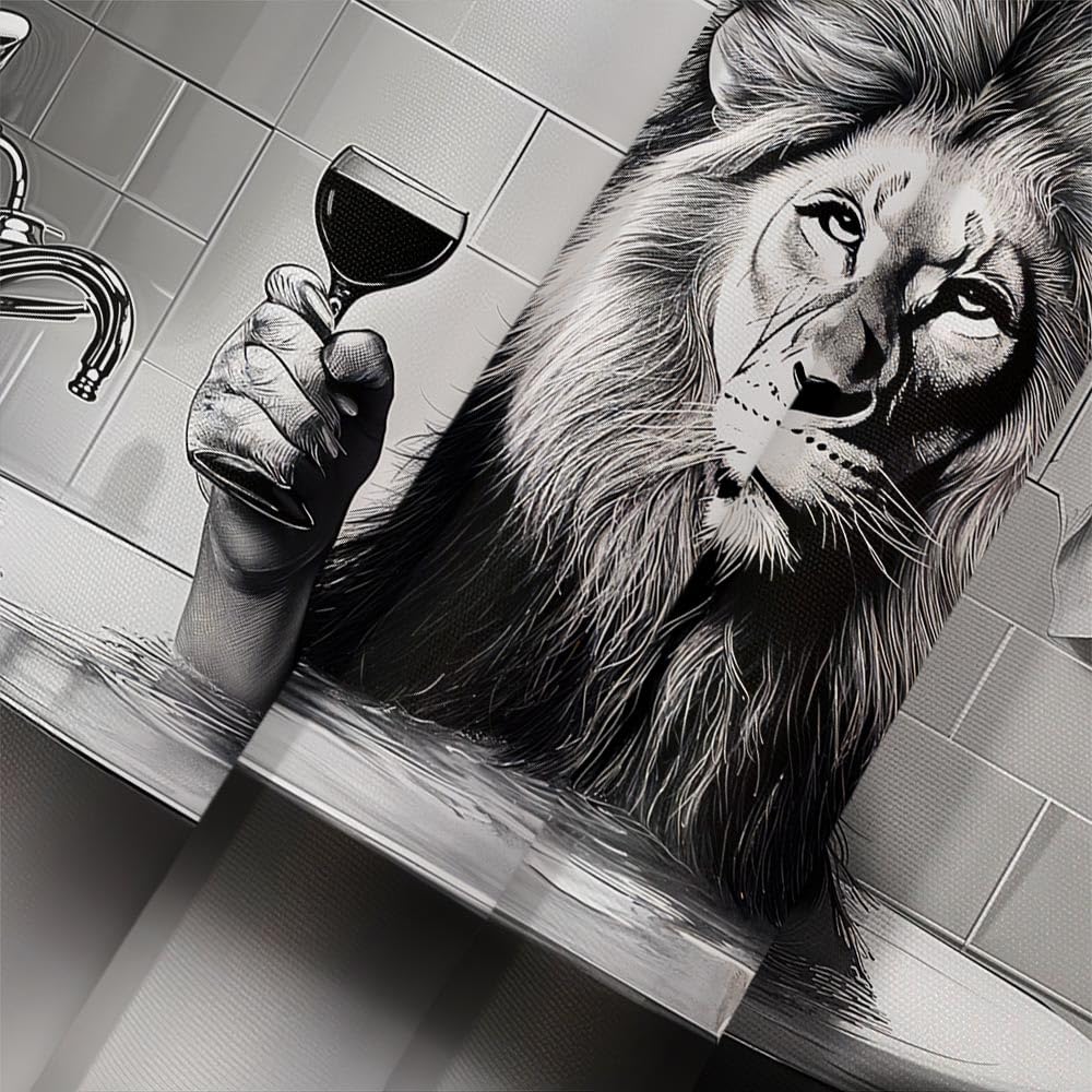 Grtuspr Funny Lion Shower Curtain, Black White Wildlife Animal Boys Men Gray Shower Curtains, Fun Lion Modern Bath Decoration Waterproof Polyester Fabric Shower Curtain Sets with 12 Hooks