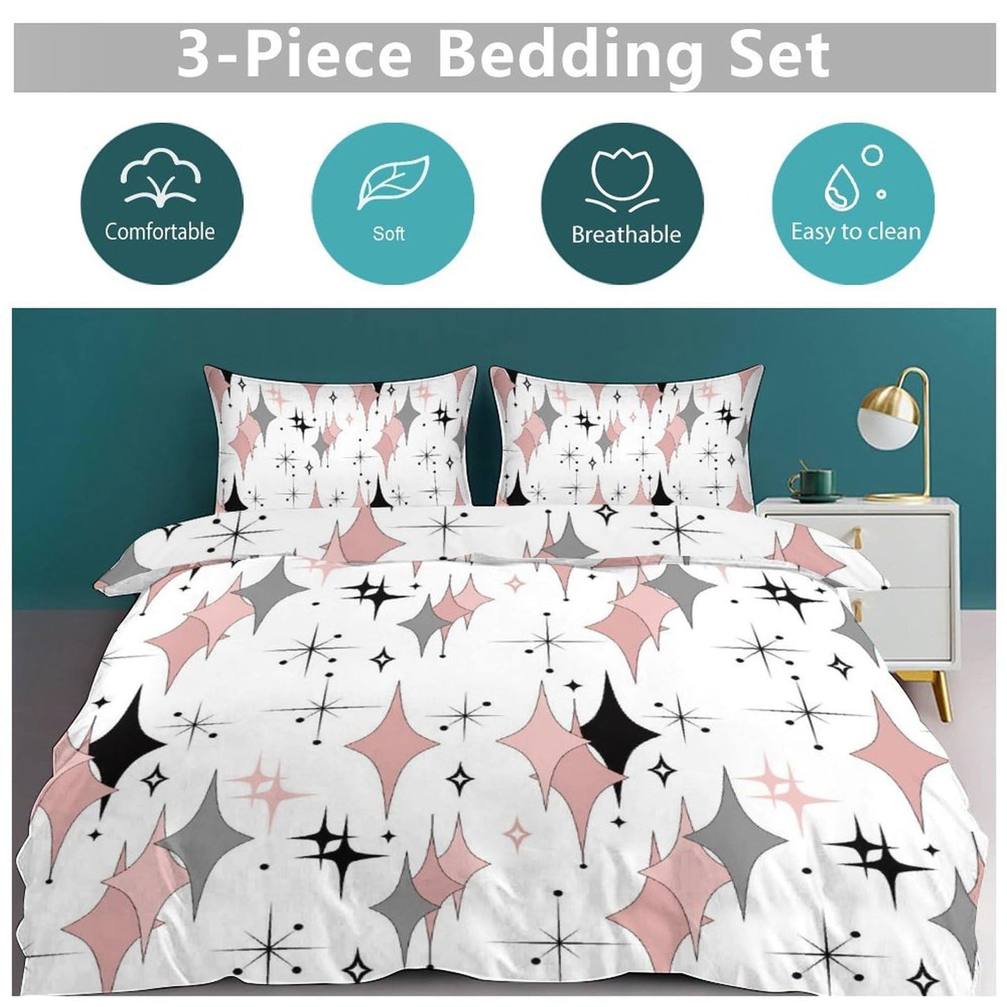 Lnepty Mid Century Comforter Set for Girls,Modern Pink Grey Abstract Atomic Geometric Pattern Retro 1950s 1960s Style Bedding Set with Pillowcase for Bedroom Bed Decor，Twin 86"x70"