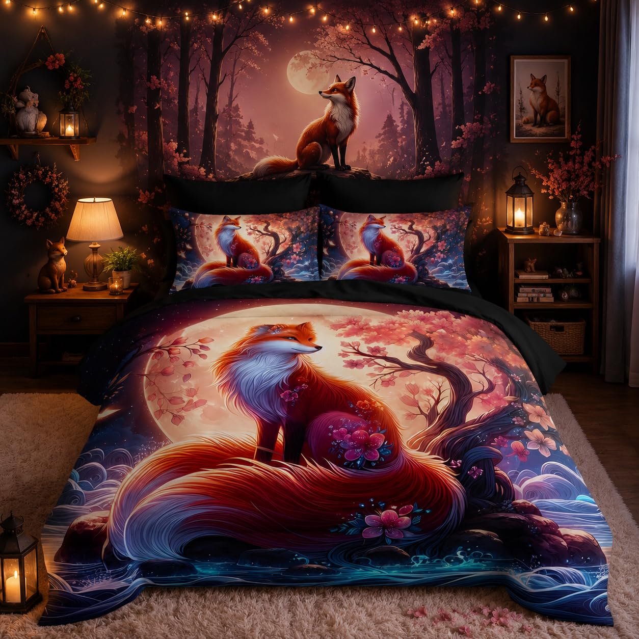 Nttopship Fox Comforter Set Twin Size 7PCS, Cartoon Fox Sakura Bedding Set 7 Piece in A Bag,Bed Sheet Set Wildlife Bedroom Decor,Microfiber Lightweight All Season