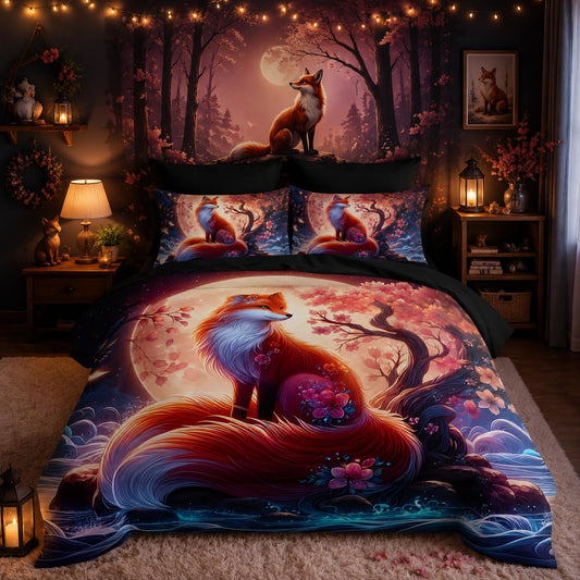 Nttopship Fox Comforter Set Twin Size 7PCS, Cartoon Fox Sakura Bedding Set 7 Piece in A Bag,Bed Sheet Set Wildlife Bedroom Decor,Microfiber Lightweight All Season
