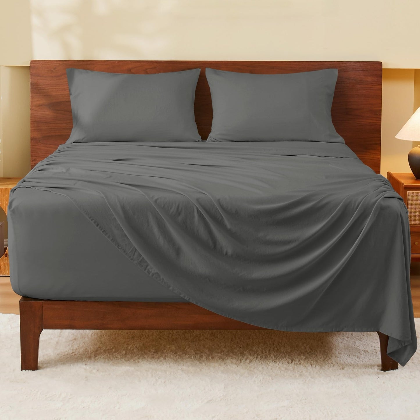 GOKOTTA 4-Pcs Queen Sheet Set, 18"-21" Extra Deep Pocket, Non-Slip Elastic Corner Straps, Washed & Brushed Microfiber Polyester, Ultra Soft, Hotel Luxury, Breathable, Wrinkle-Free, Anti-Rip-Dark Grey