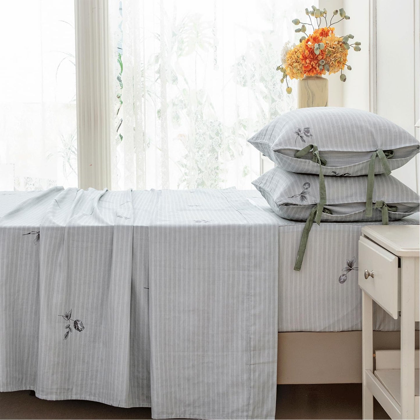 FADFAY 100% Cotton Double Gauze Muslin Sheet Set, Gray Striped Floral Bed Sheets with Bow Tie Detail, Ultra Soft Breathable Cooling Sheets, Deep Pocket Luxury 4 Piece Bedding Set，Twin