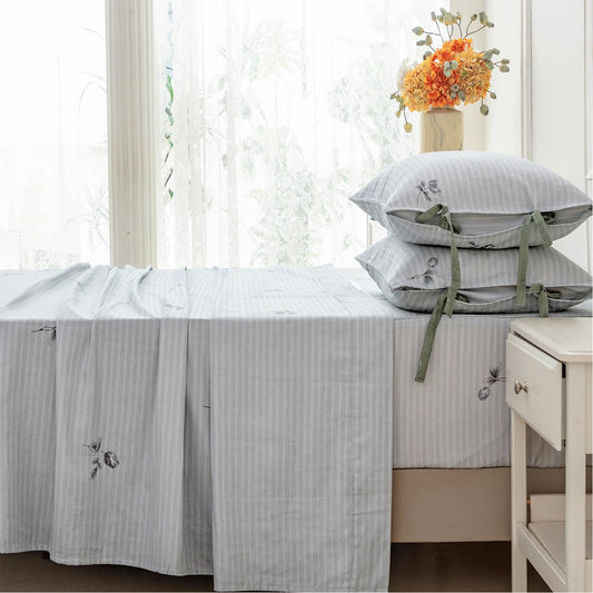 FADFAY 100% Cotton Double Gauze Muslin Sheet Set, Gray Striped Floral Bed Sheets with Bow Tie Detail, Ultra Soft Breathable Cooling Sheets, Deep Pocket Luxury 4 Piece Bedding Set，Twin