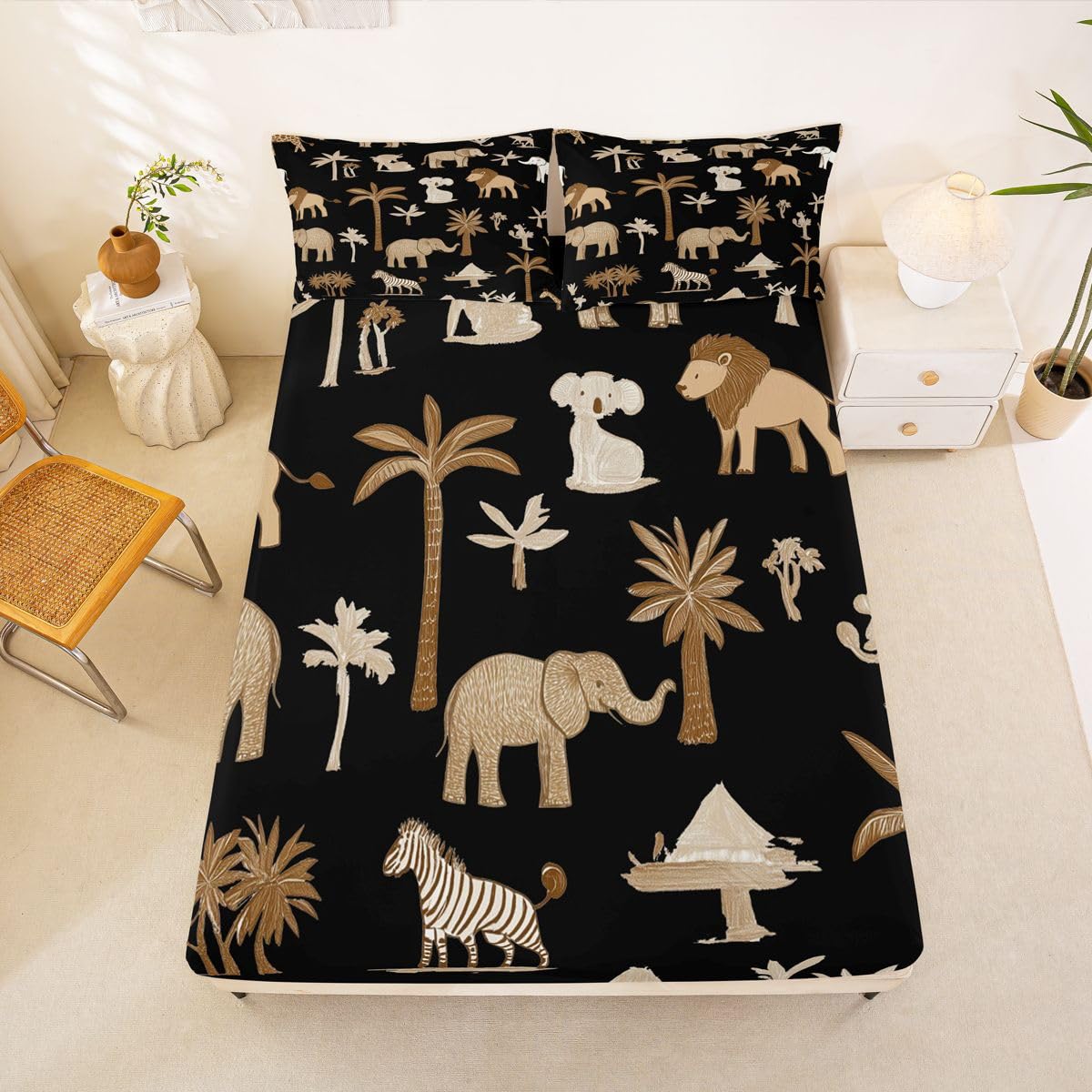 Erosebridal Jungle Animals Bed Sheets Full Cartoon Kawaii Sheet Set for Kids Boys Girls Elephant Lion Giraffe Animal Sheets Wildlife Flat Fitted Sheet 3 Pcs