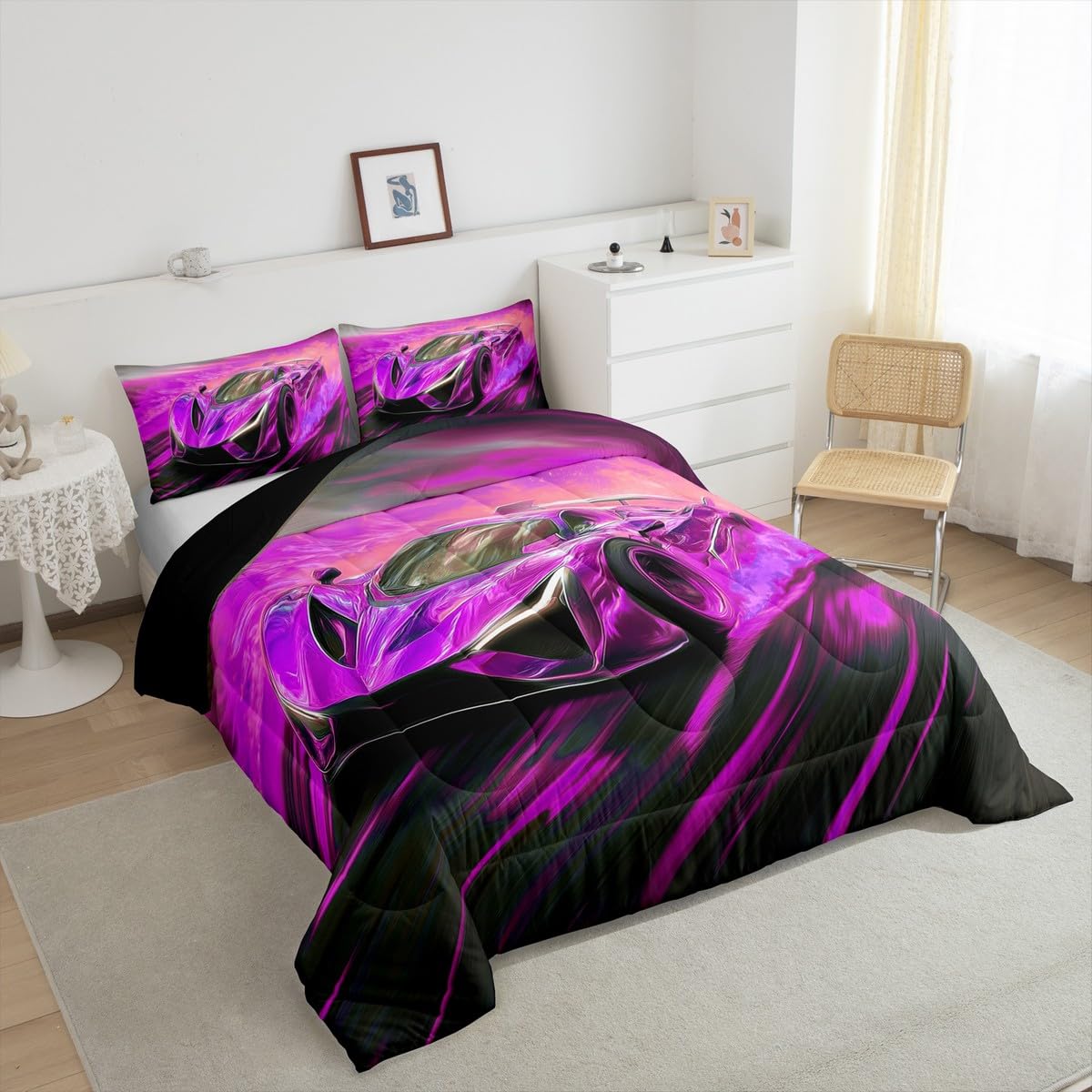 jejeloiu Race Car Comforter Set All Season Cooling Sports Car Bedding Set with 1 Pillow Cases Extreme Sports Microfiber Kids Twin Bedclothes Purple Bedroom Decor Duvet Quilt Breathable